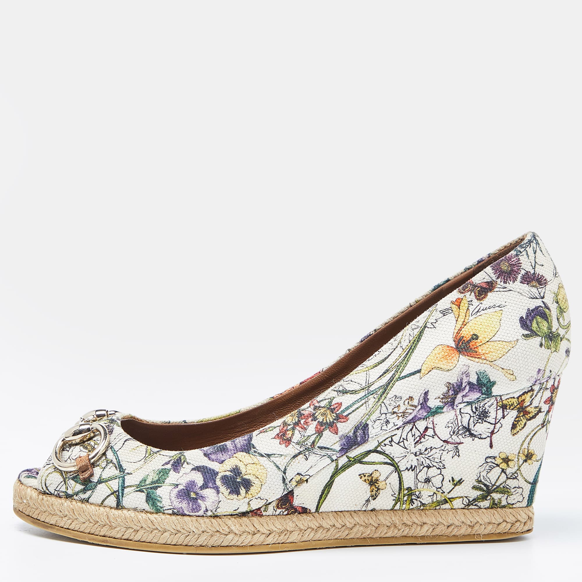 Gucci Multicolor Floral Print Canvas Horsebit Peep Toe Wedge Pumps Size 39
