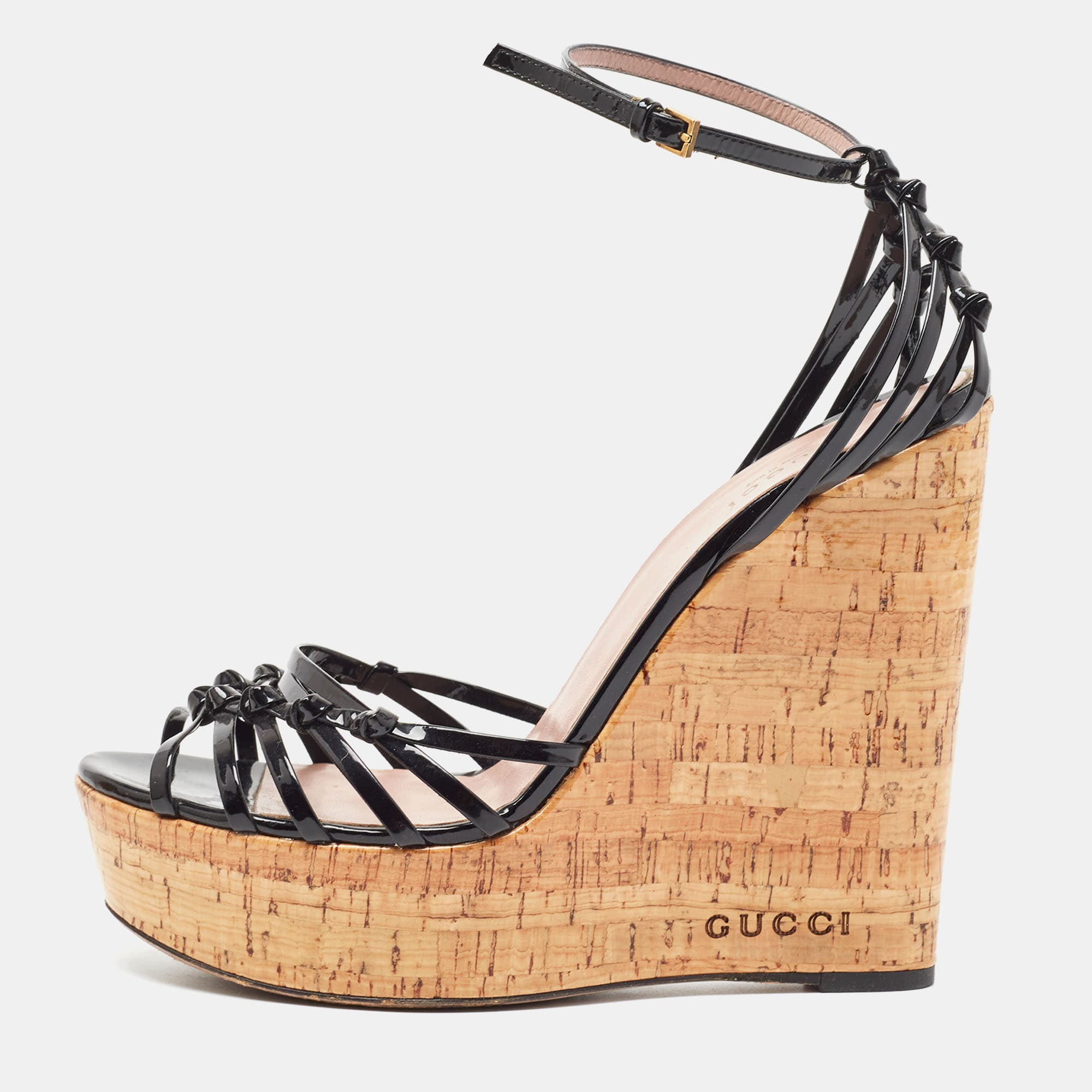 Gucci Black Patent Studded Cork Wedge Sandals Size 40