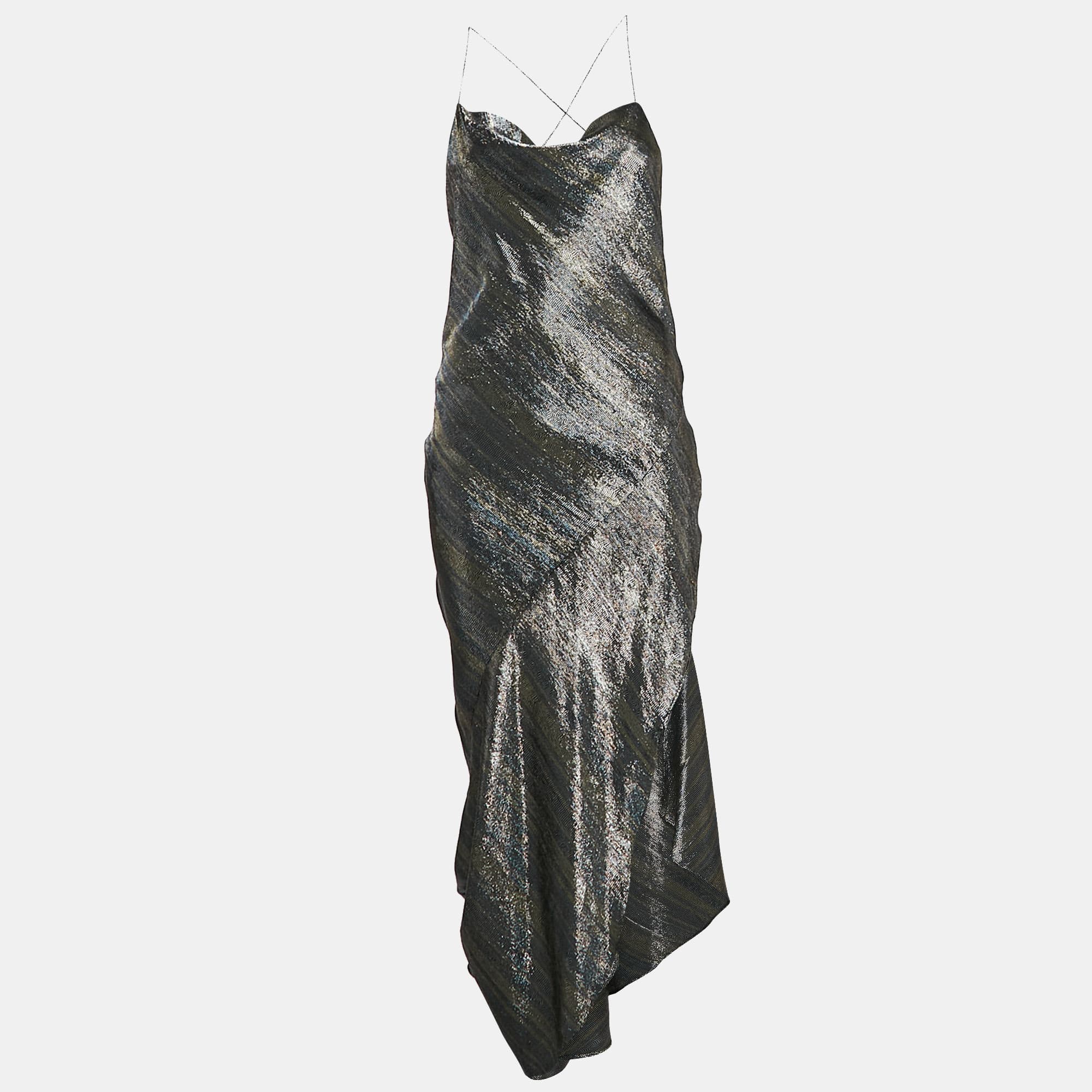 Haney Metallic Lurex Silk Blend Asymmetric Maxi Slip Dress M