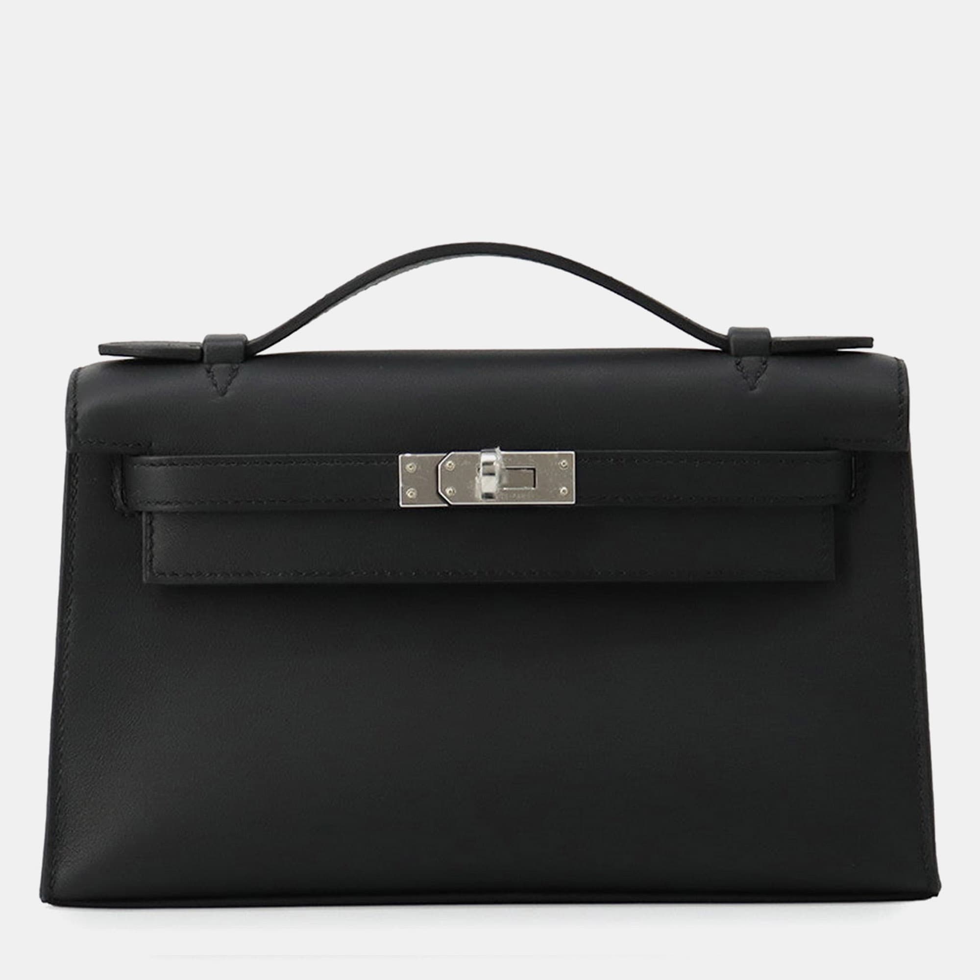 Hermes Pochette Kelly Black Swift Leather Top Handle Bag