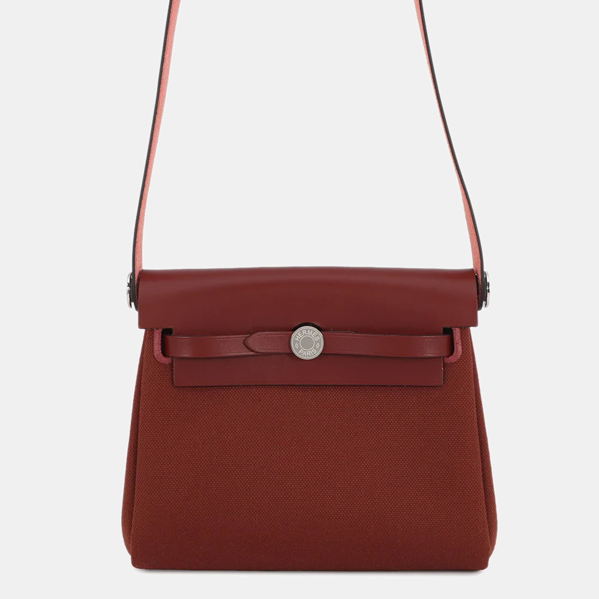 Hermes Herbag Zip Rouge H Vache Hunter Leather Toile Military Mini Tote Bag