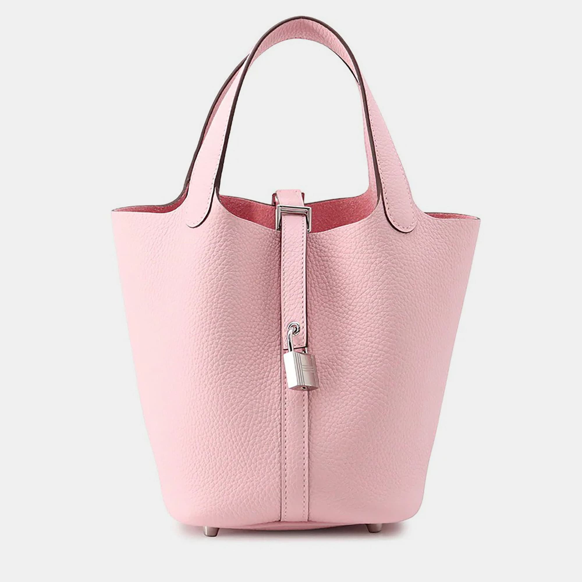 Hermes Picotin Lock PM Rose Sakura Taurillon Clemence Leather Top Handle Bag