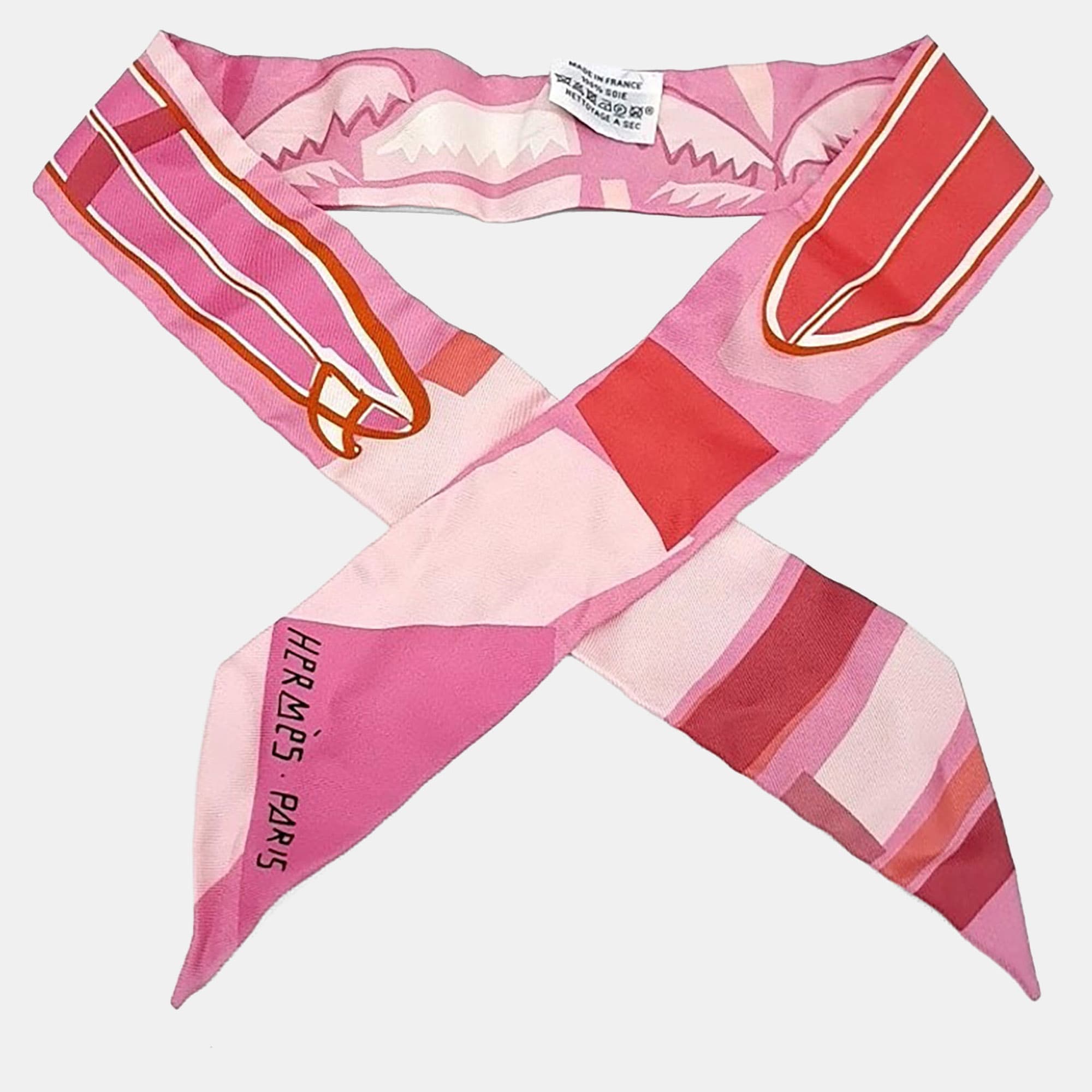 Hermes Pink/White Silk Twilly scarf