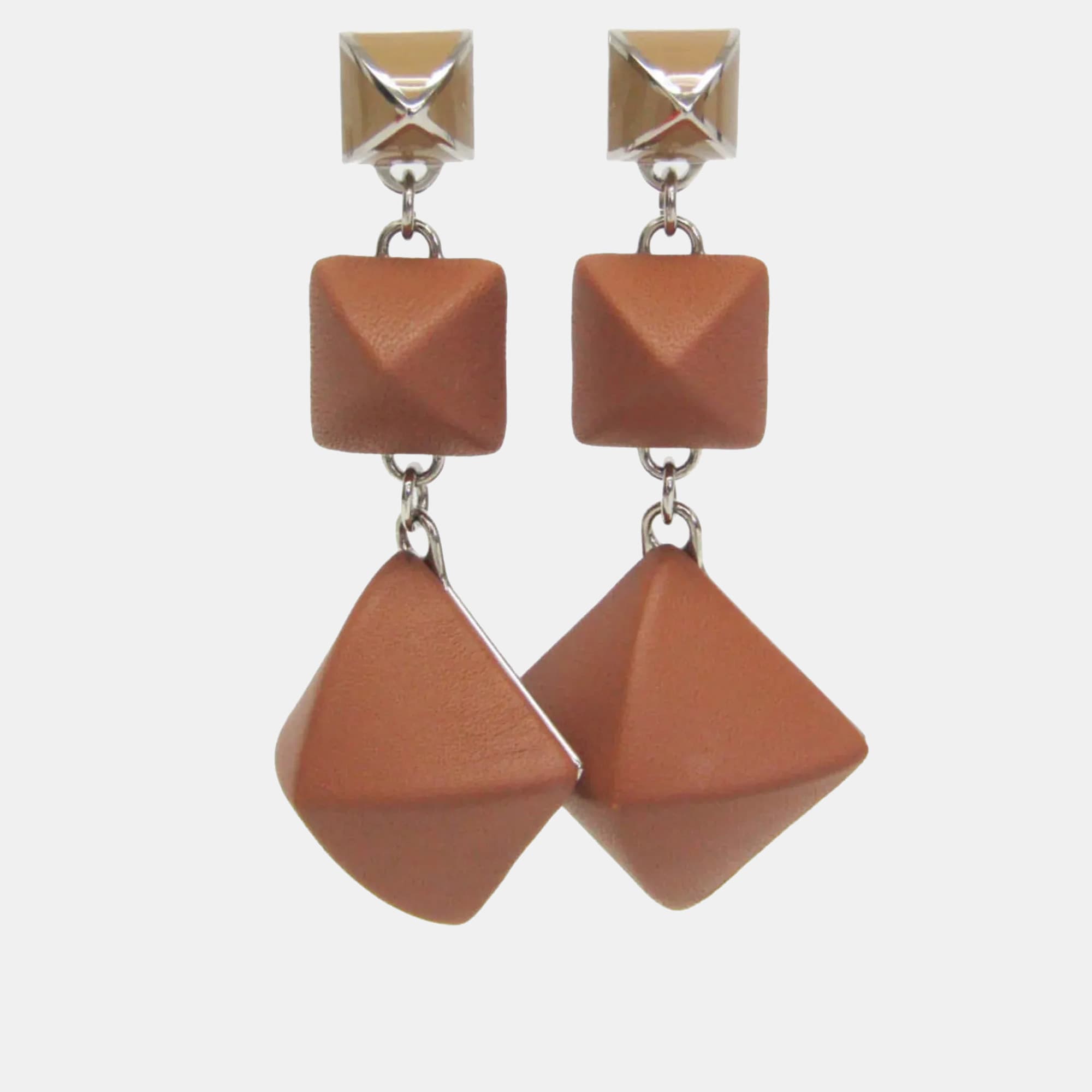Hermès Medor Gaine GM Brown Leather Metal Stud Earrings