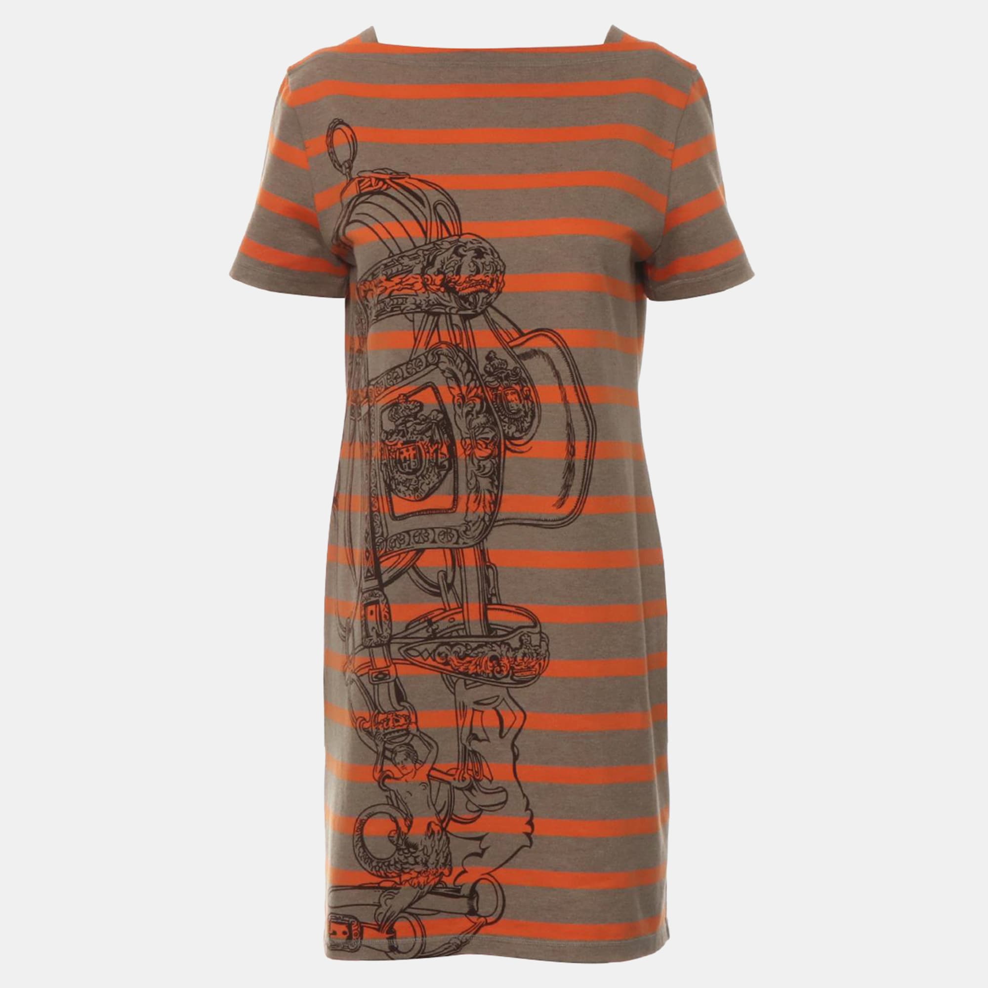 Hermes Brown, Orange Cotton Stripes Dress S