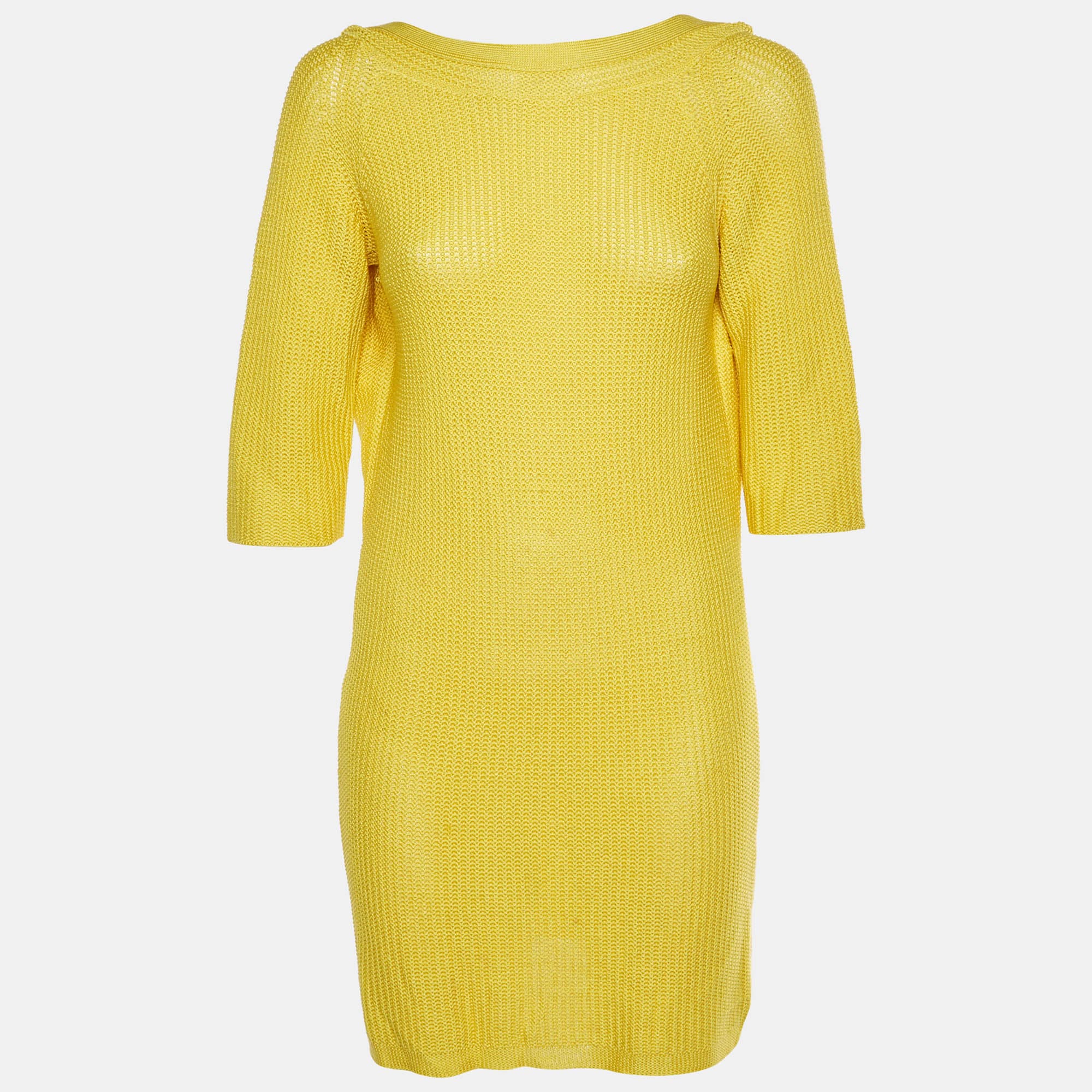 Hermes Yellow Silk Textured Knit Mini Dress S