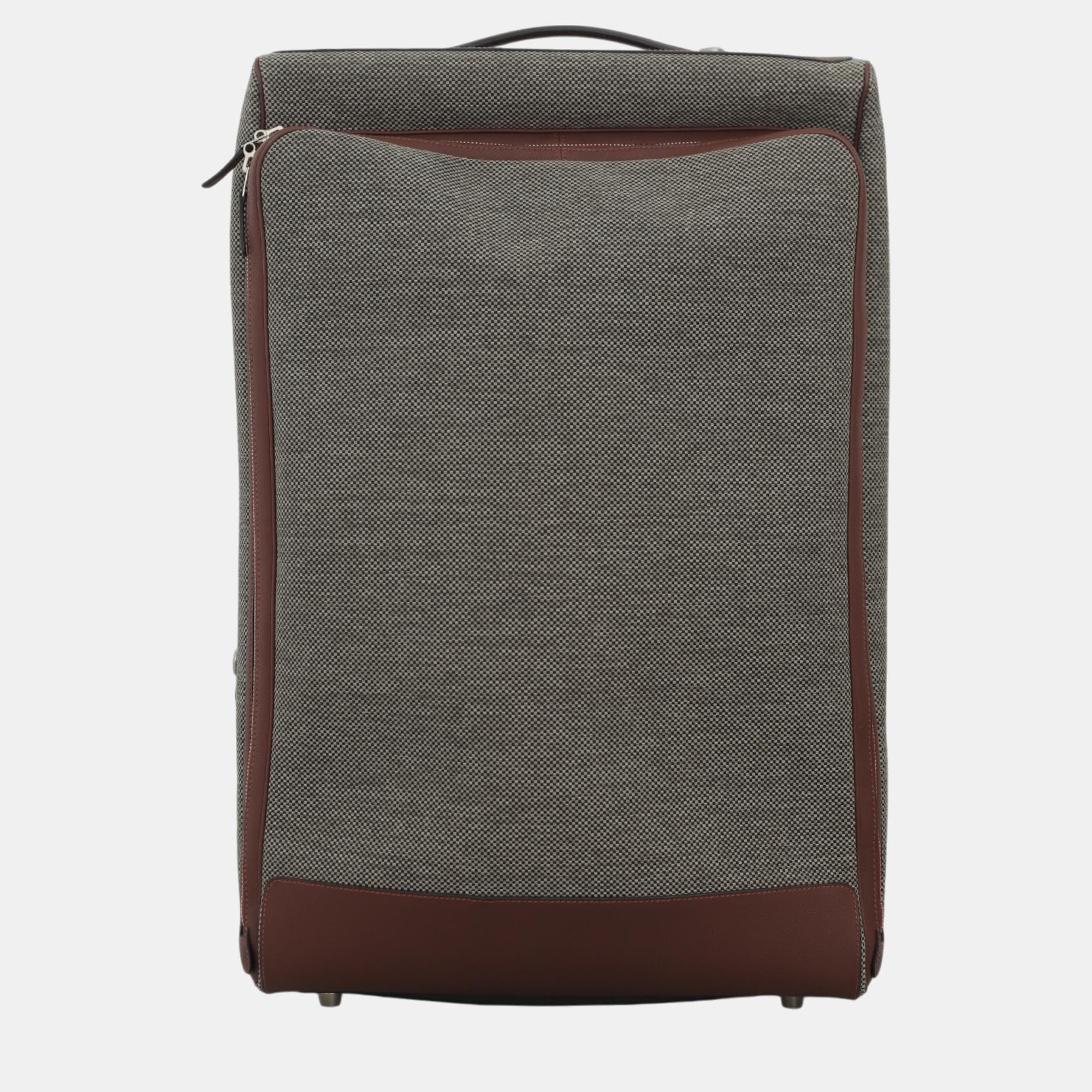 Hermes Caleche Express Luggage Grey Brown Tweed Leather Carry-On Bag