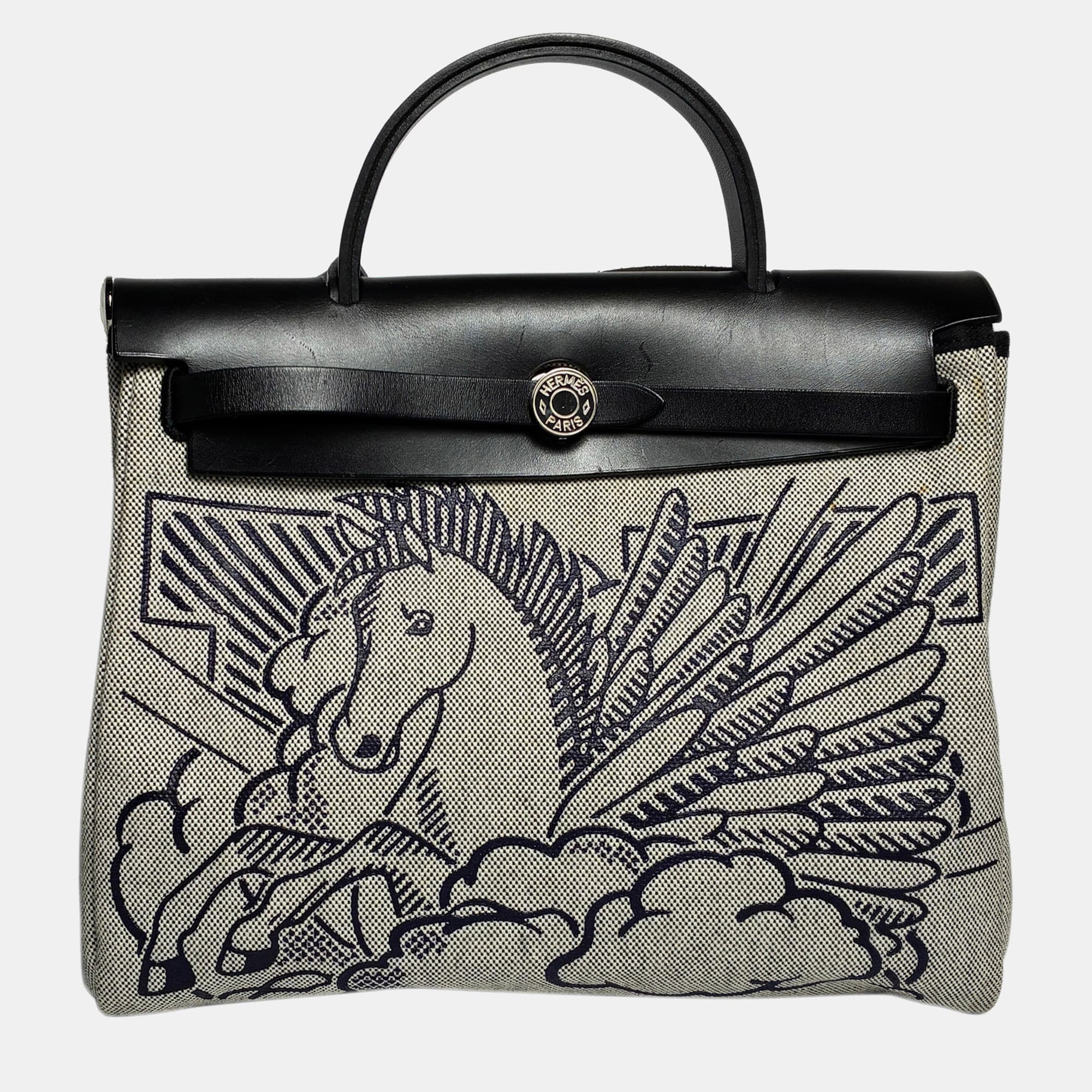 Hermes Herbag Zip 31 Black Toile Vache Hunter Leather Shoulder Bag