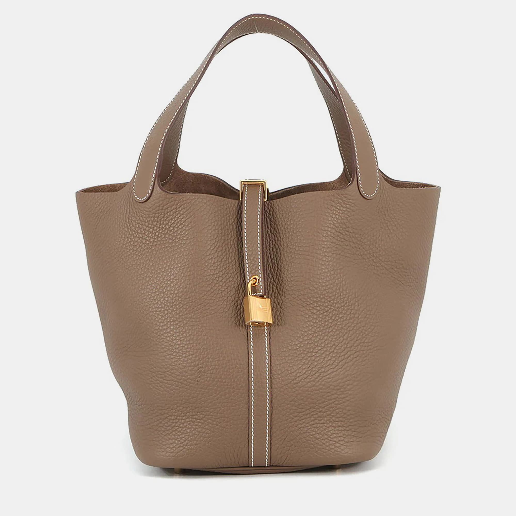 Hermes Picotin Lock 22 Etoupe Taurillon Clemence Leather Tote Bag