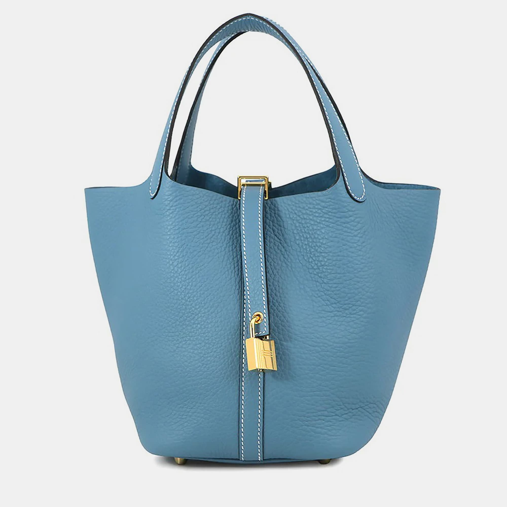 Hermes Picotin Lock PM Blue Jean Taurillon Clemence Leather Tote Bag