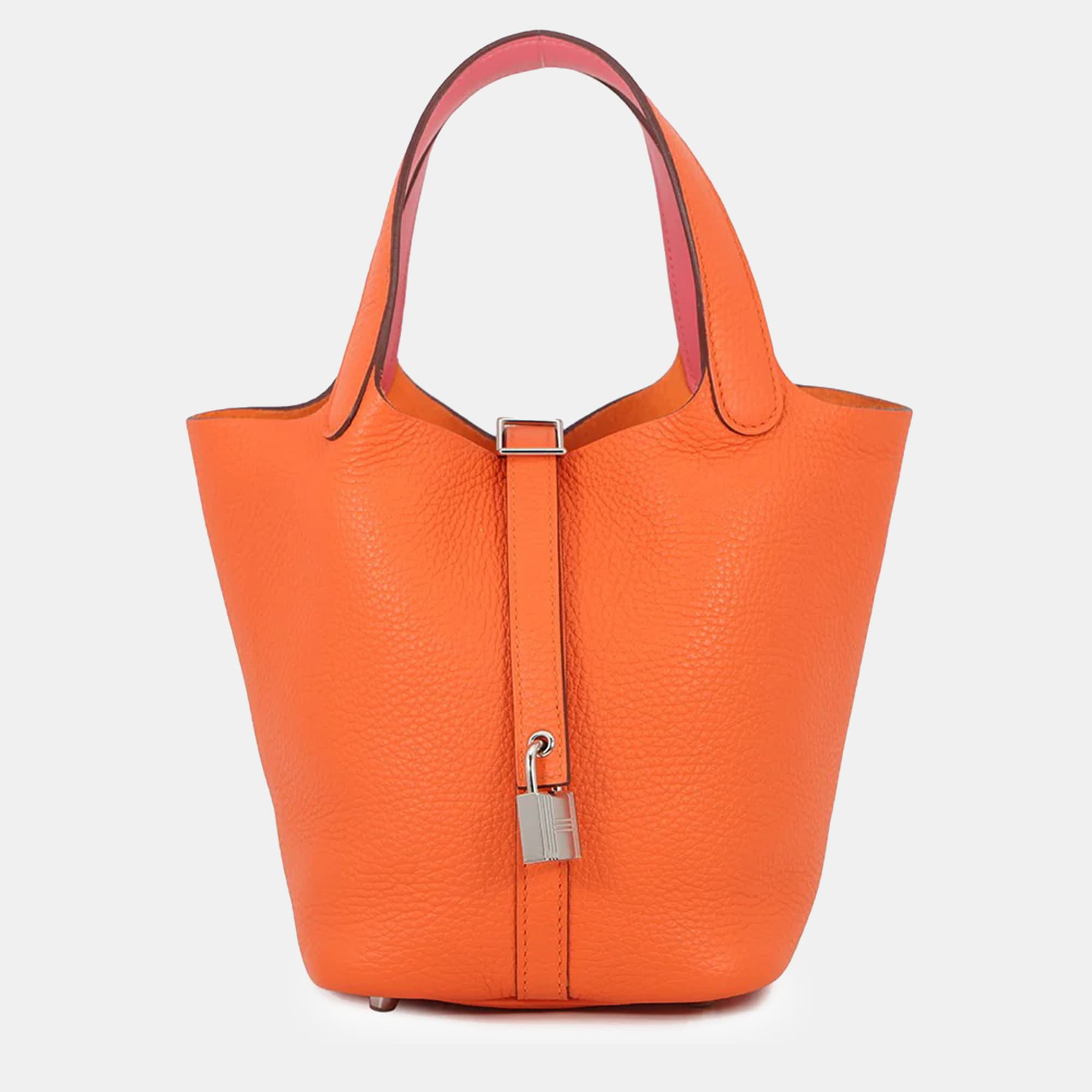 Hermes Picotin Lock Eclat 18 Orange Rose Azalee Taurillon Clemence Swift Leather Tote Bag