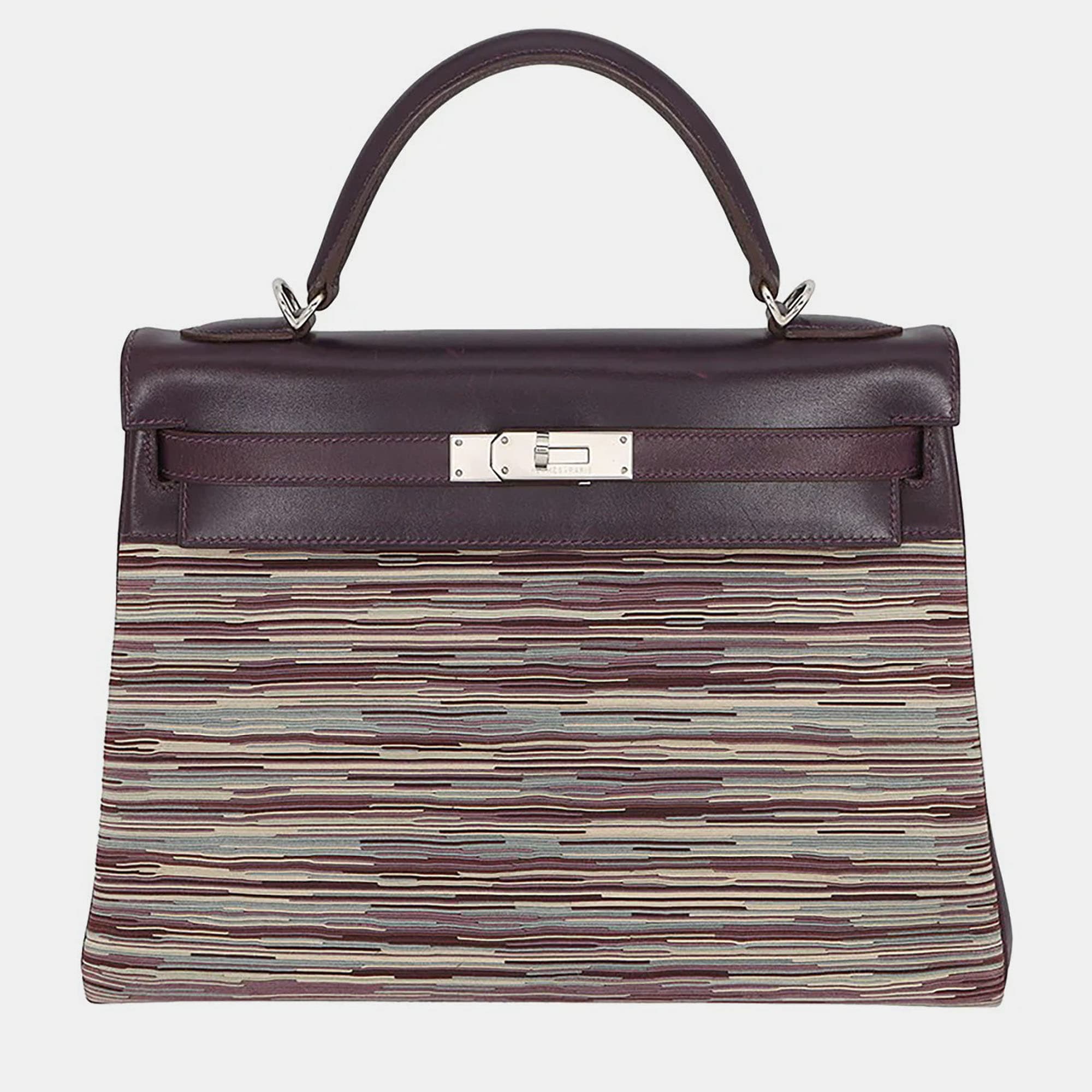 Hermes Kelly Retourne 32 Raisin Vibrato Box Calfskin Leather Top Handle Bag