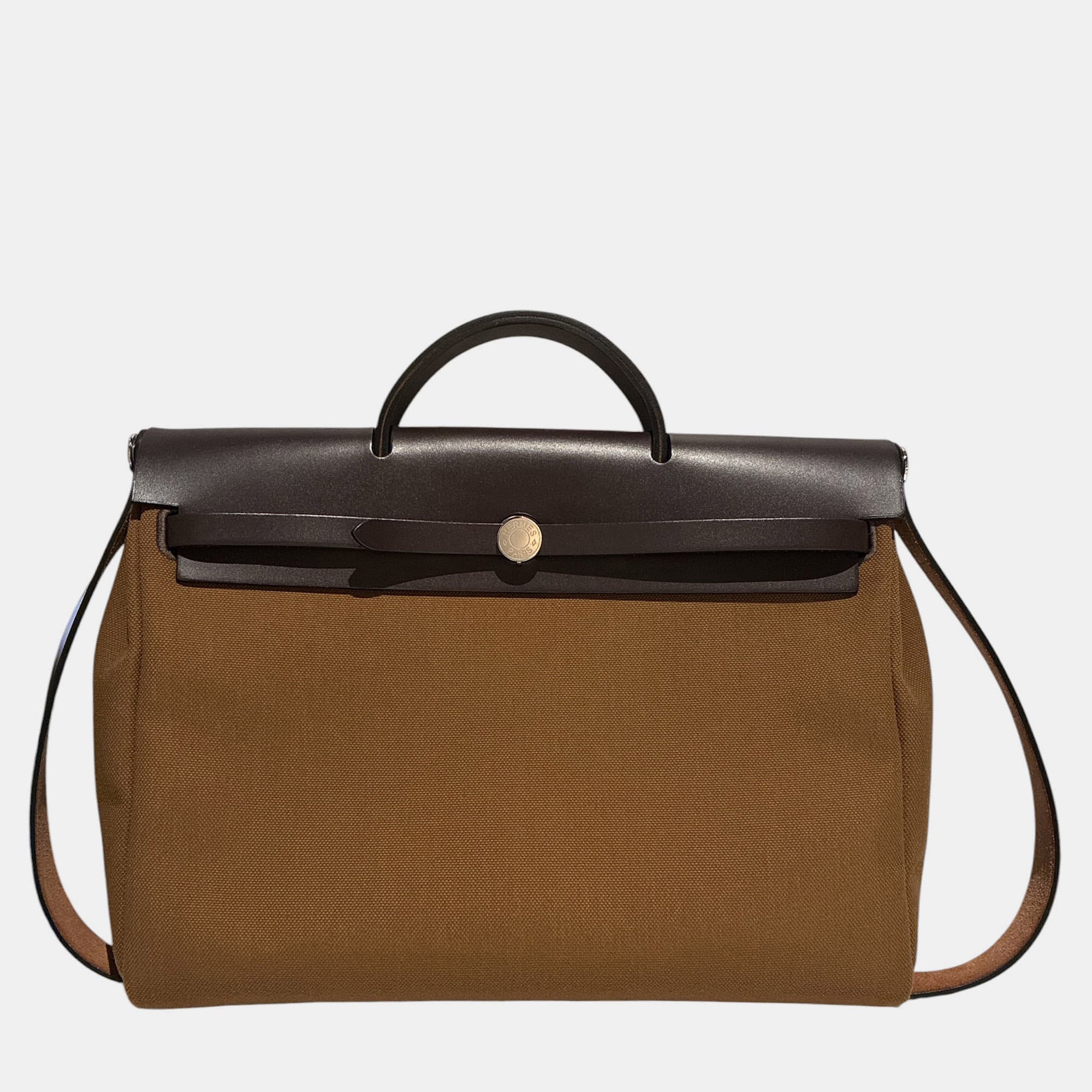 Hermes Herbag Messenger 39 Ebene Toile Canvas Hunter Leather Shoulder Bag