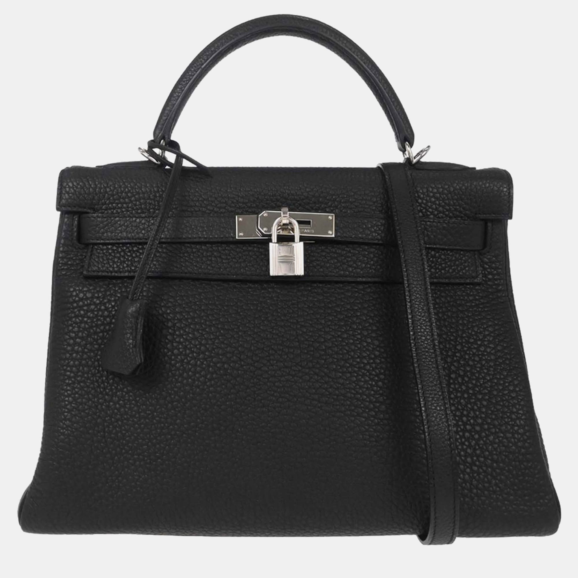 Hermes Kelly 32 Black Togo Calfskin Leather Retourne Top Handle Bag