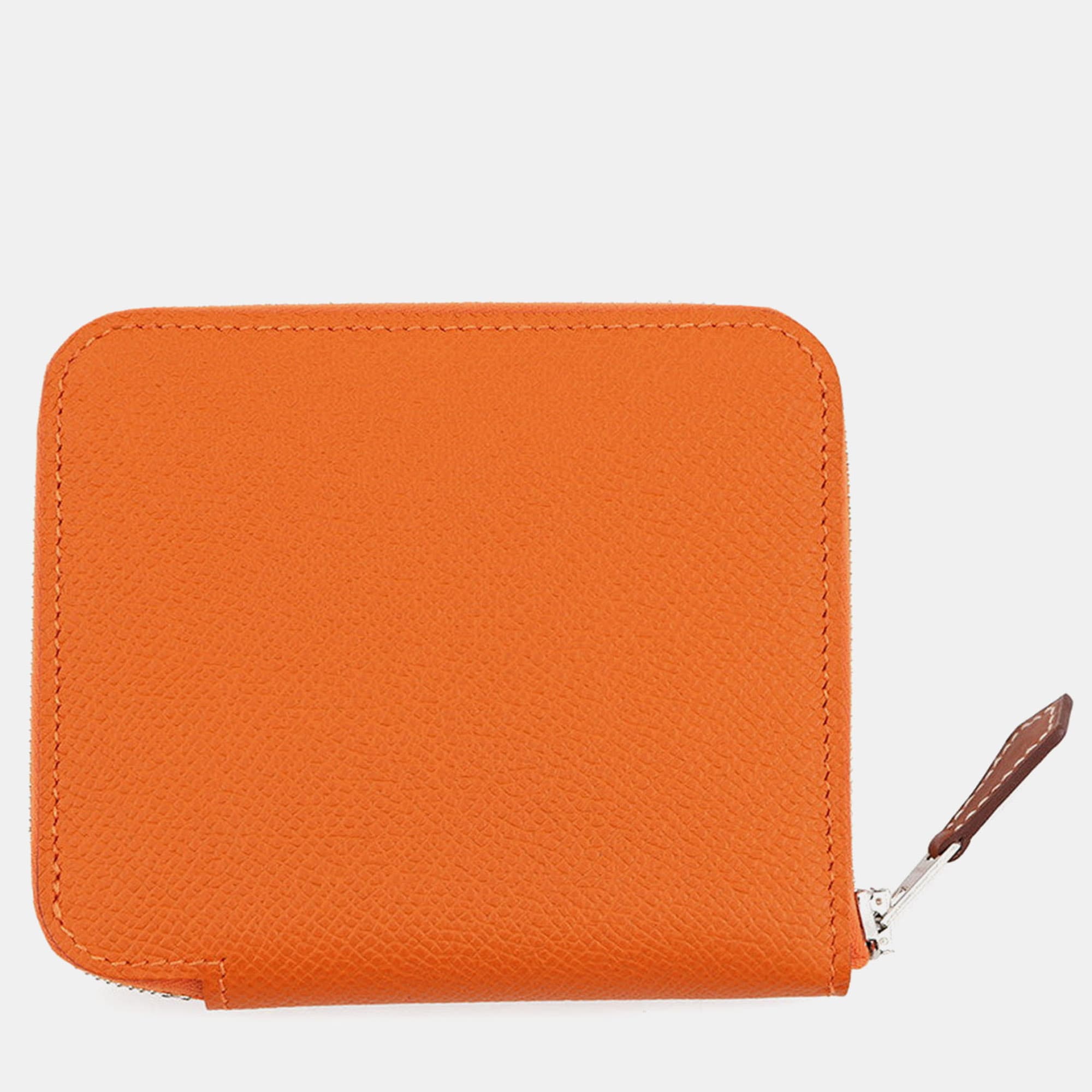 Hermes Azap Compact Orange Epsom Leather Zip Around Wallet