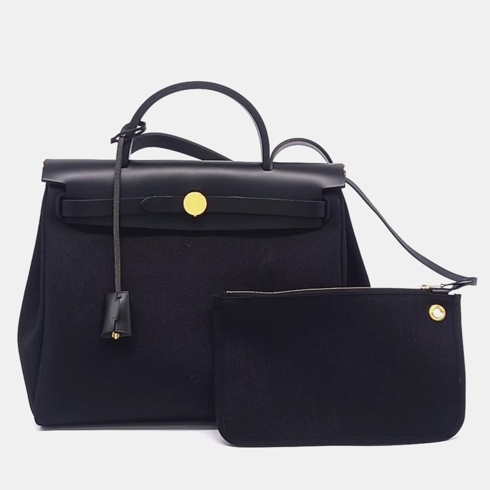 Hermes Herbag Zip 31 Black Canvas Leather Top Handle Bag