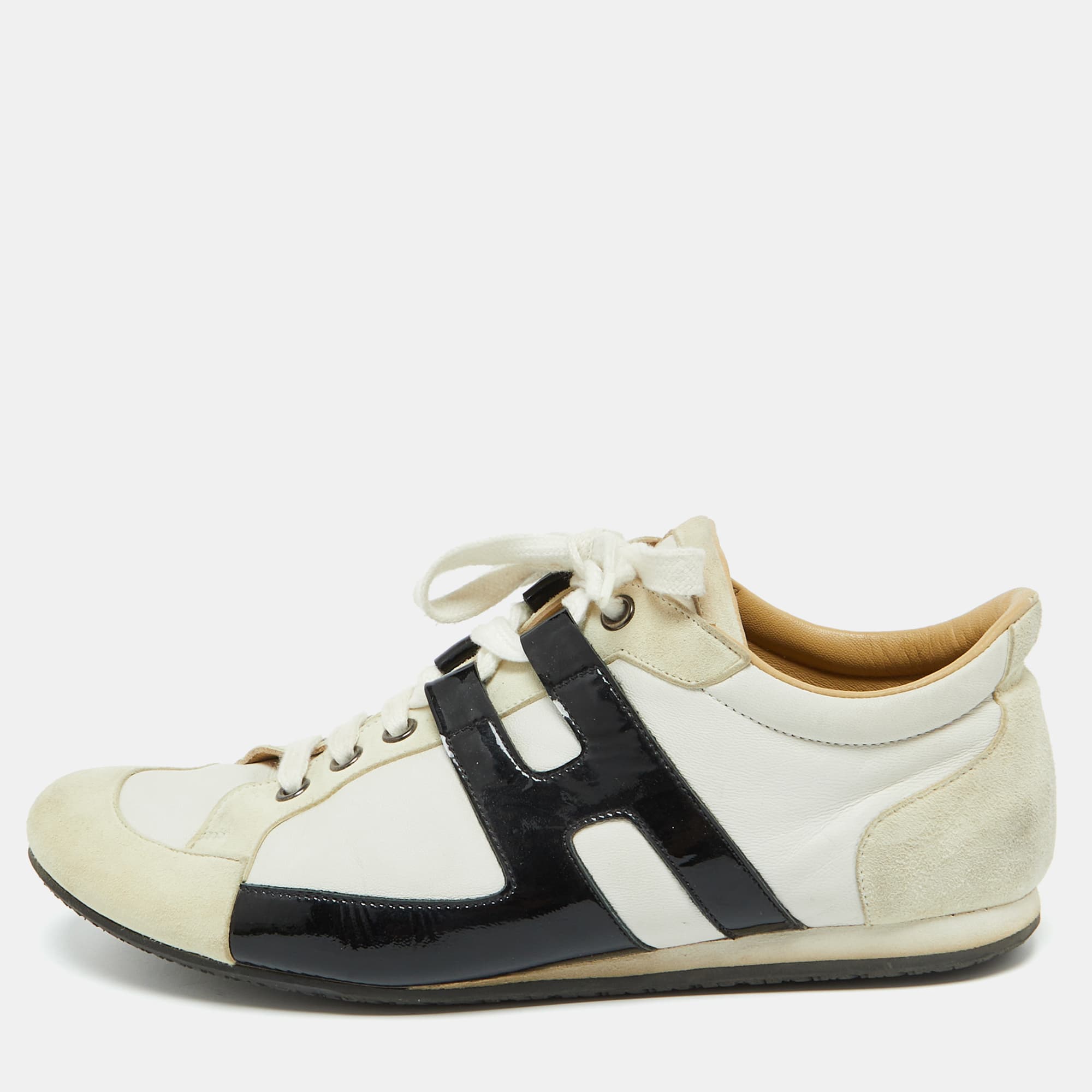 Hermes White/Black Leather and Suede Tie Break Sneakers Size 39