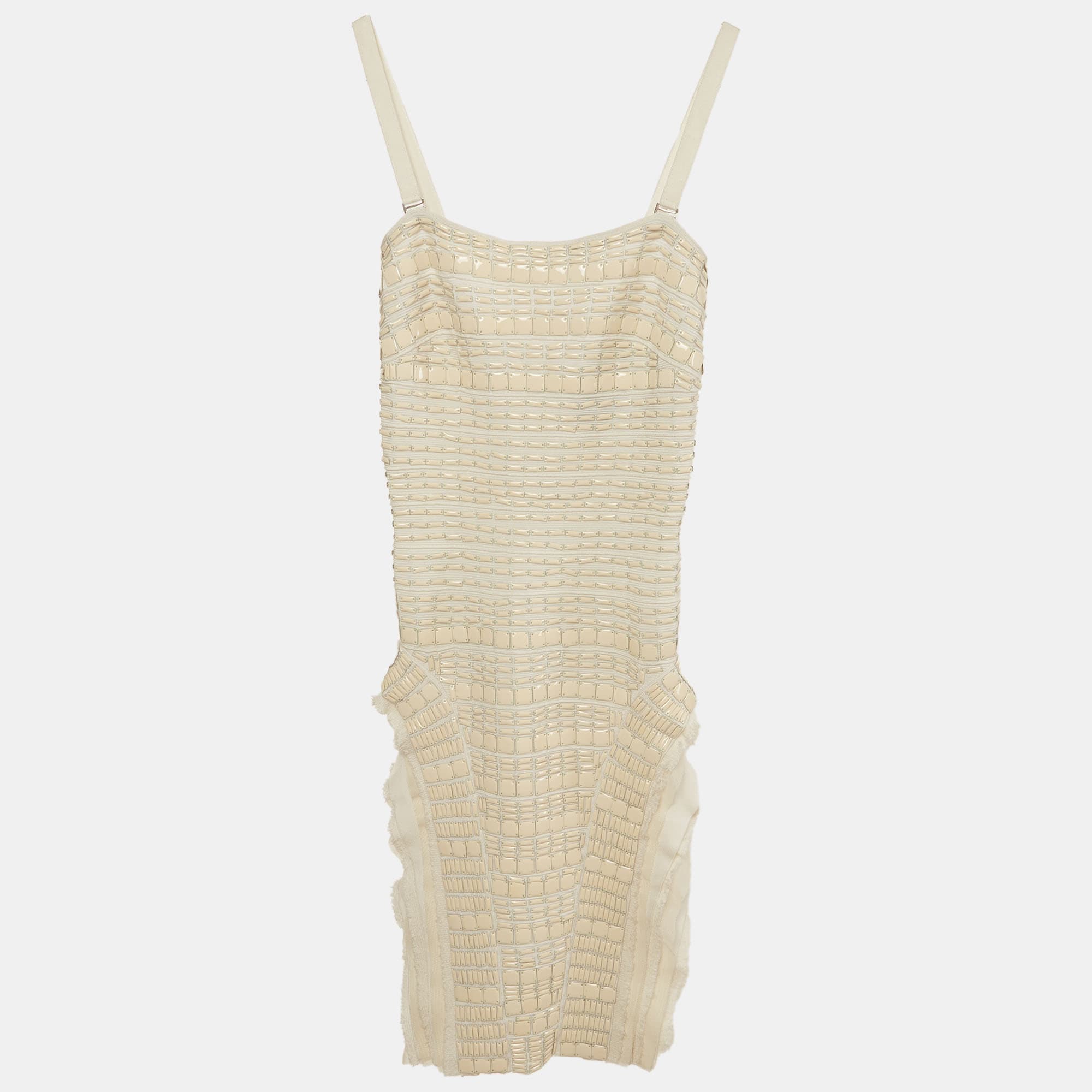 Herve Leger Cream Stretch Knit Sequins Armadillo Strapless Mini Dress XS