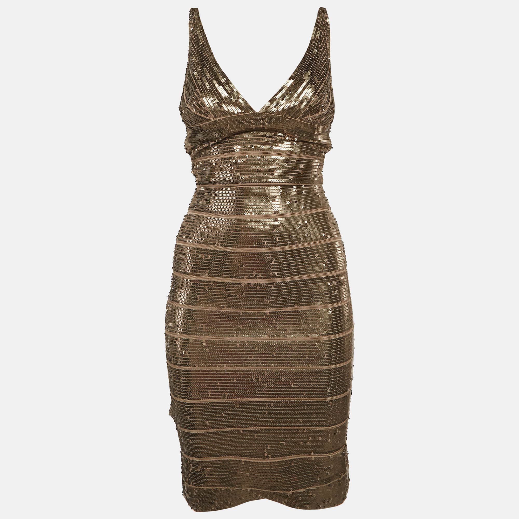 Herve Leger Tan Sequins Bandage Dress S