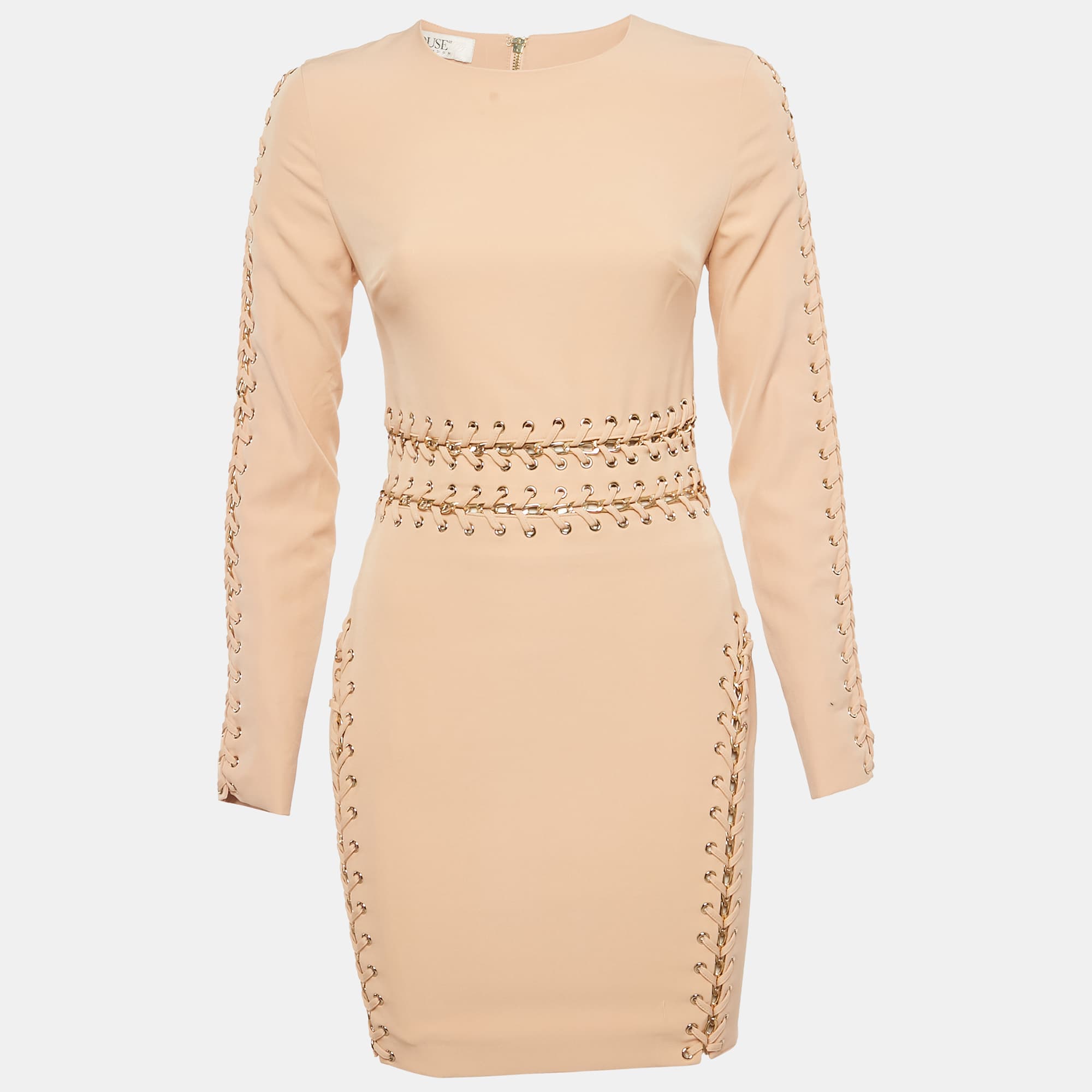 House of Cb Beige Crepe Lace-Up Sheath Dress S