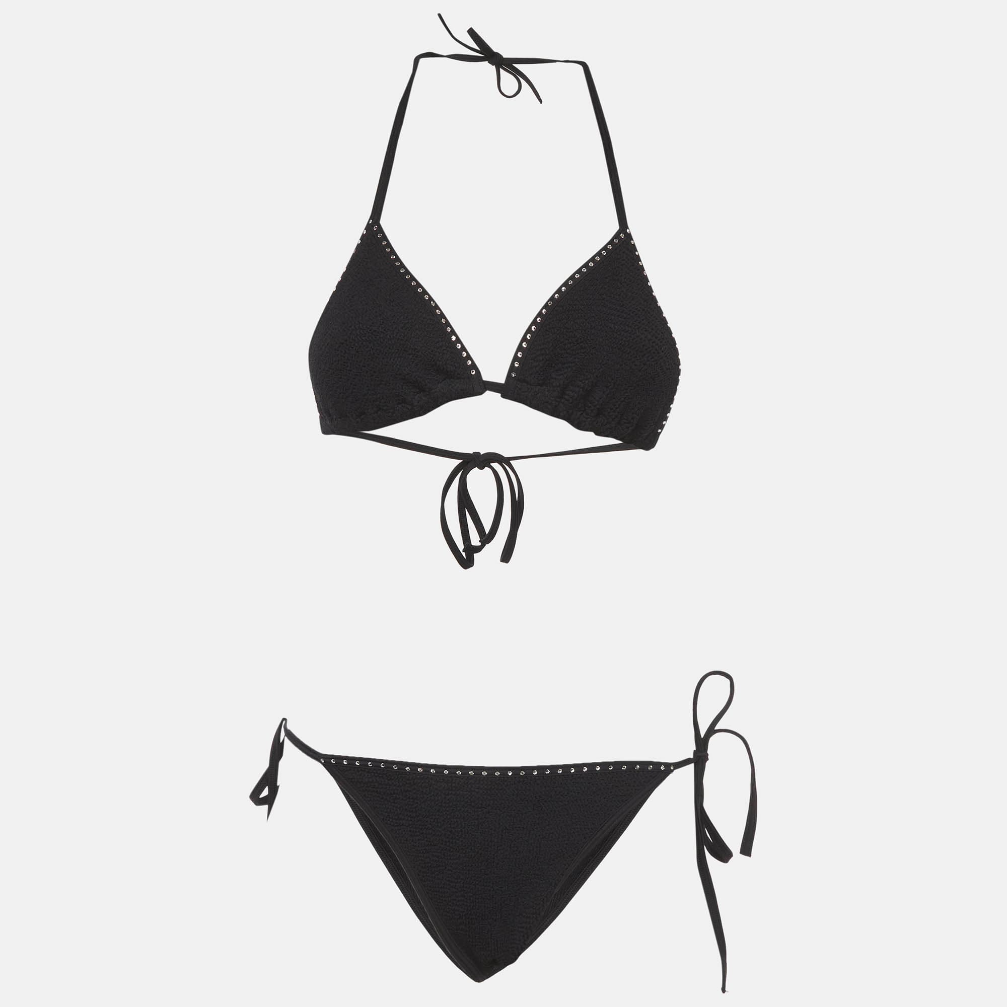 Hunza G Black Crinkle Jersey G Gina Swarovski 2 pc Bikini One Size