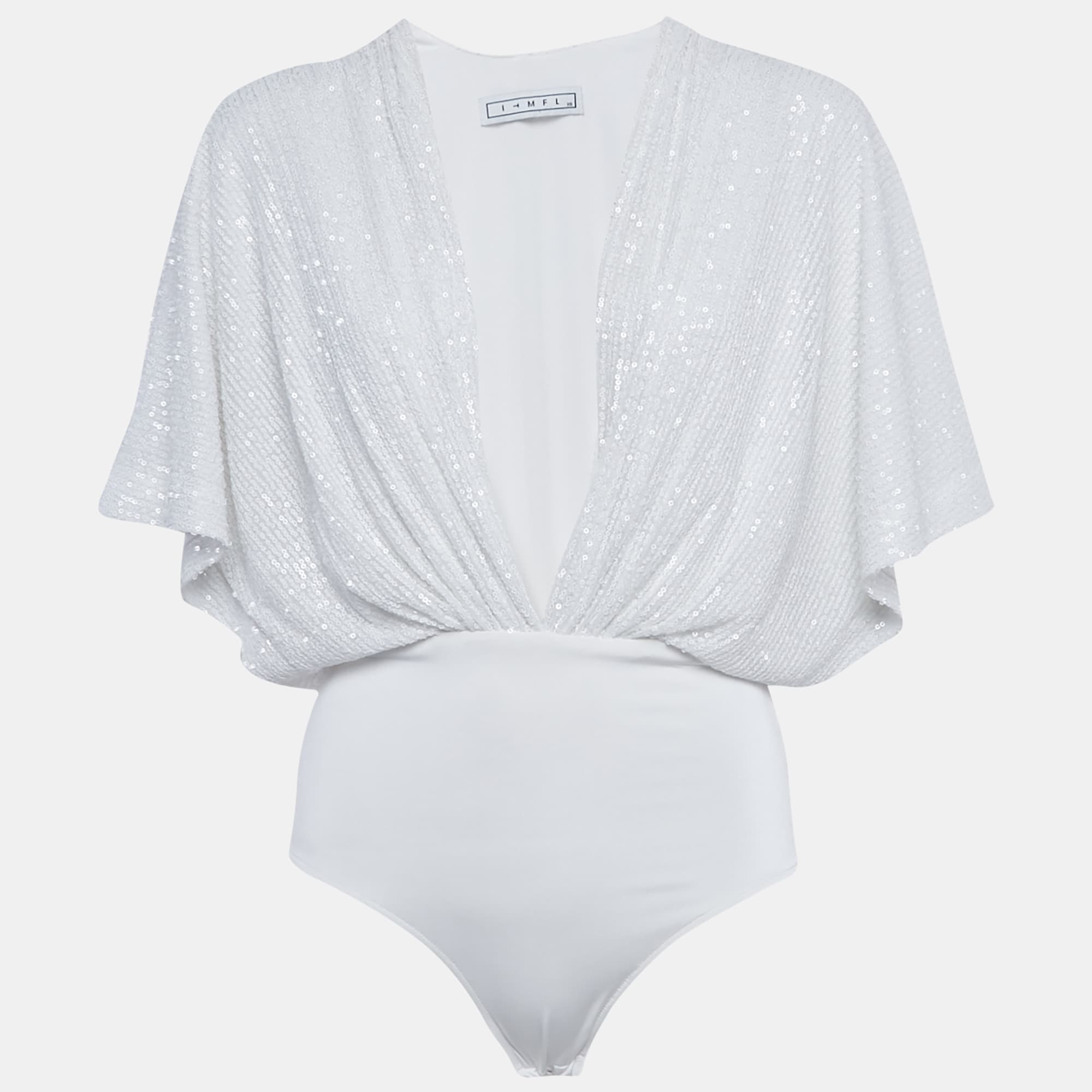 ITMFL White Sequin Plunge Neck Bodysuit XS