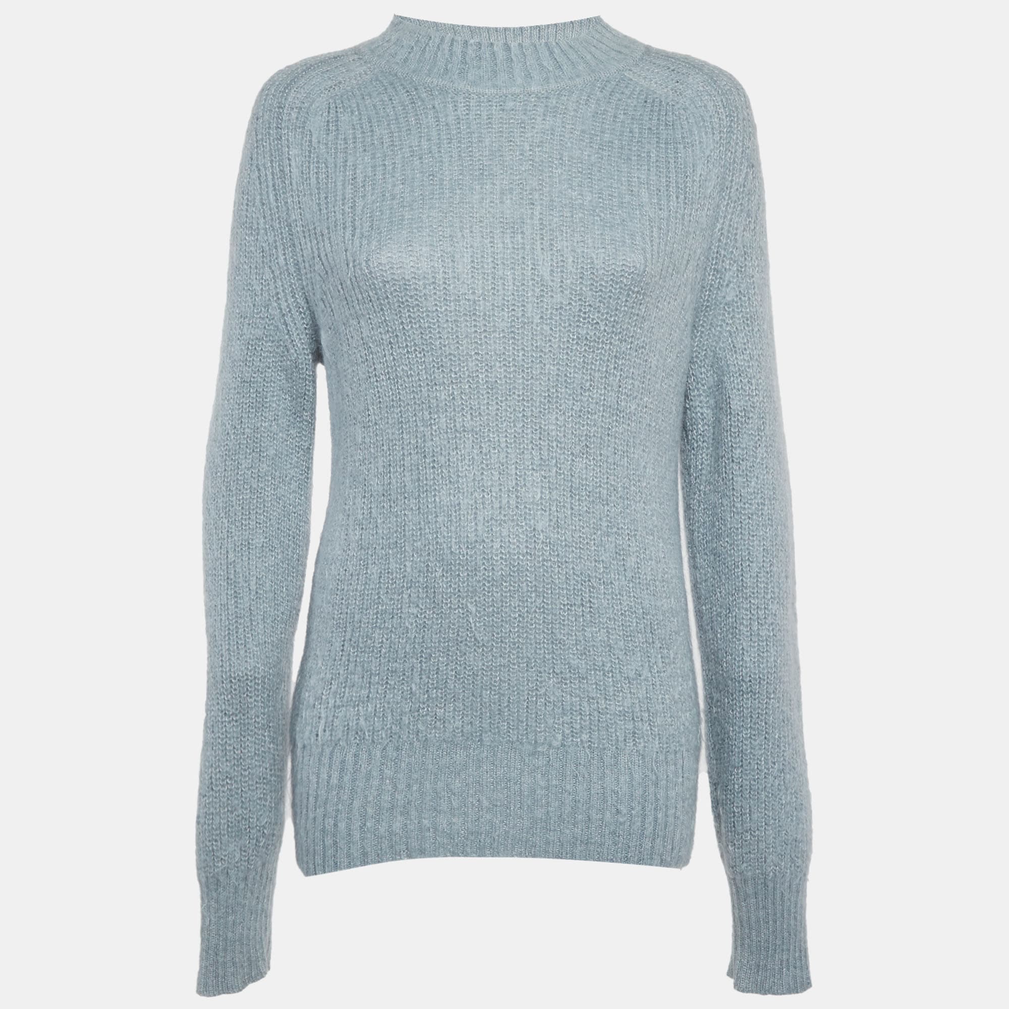 Jil Sander Blue Mohair Rib Knit Mock Neck Sweater M