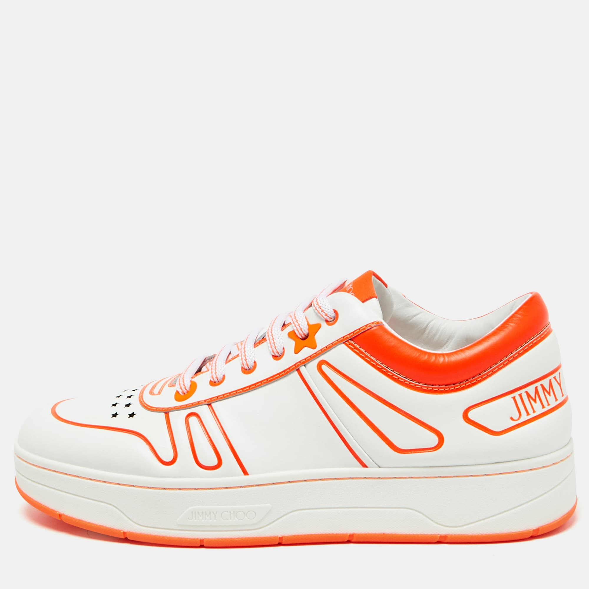 Jimmy Choo White/Neon Orange Leather Hawaii/F Sneakers Size 38