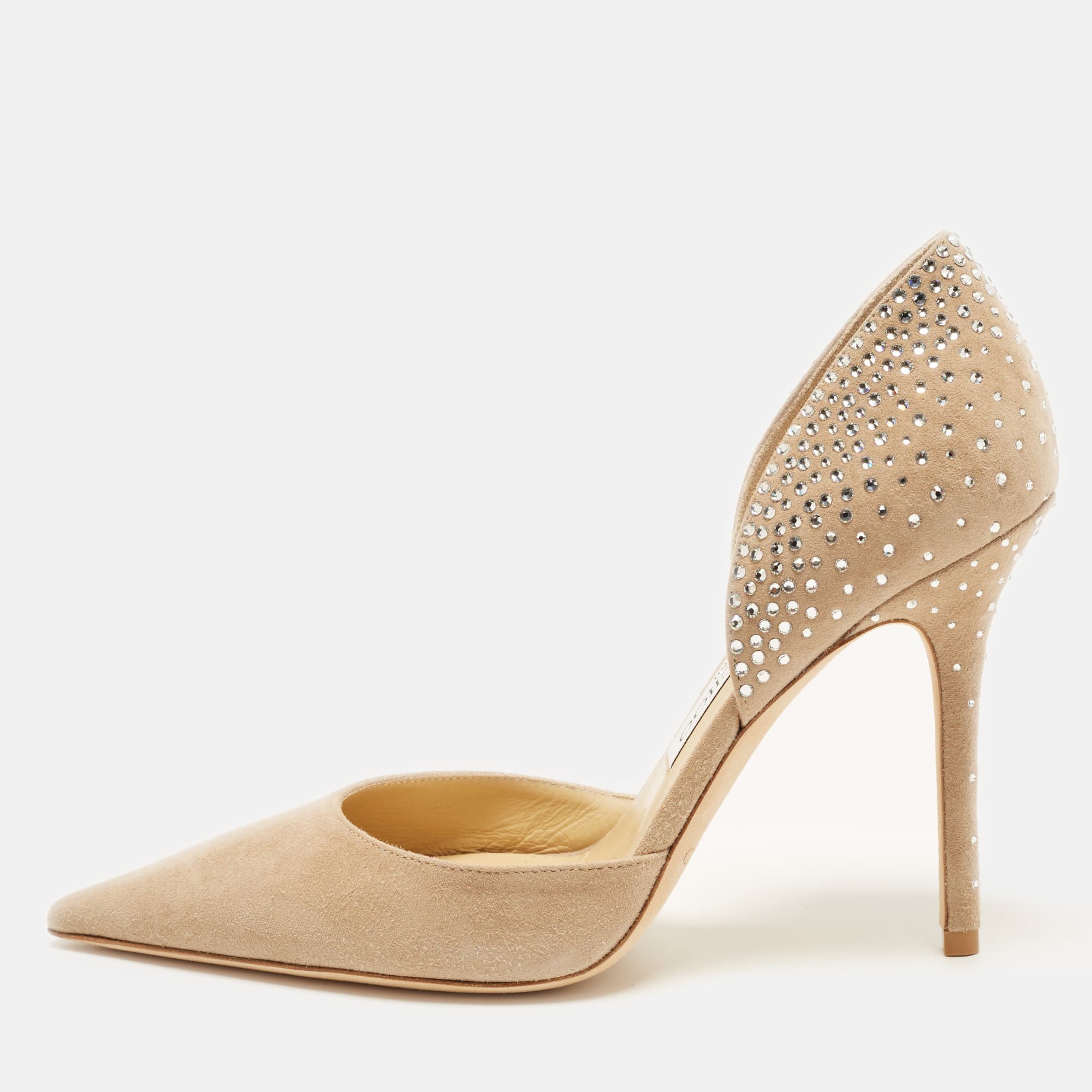 Jimmy Choo Amya Size 38 Beige Suede Crystal Embellished D'orsay Pumps