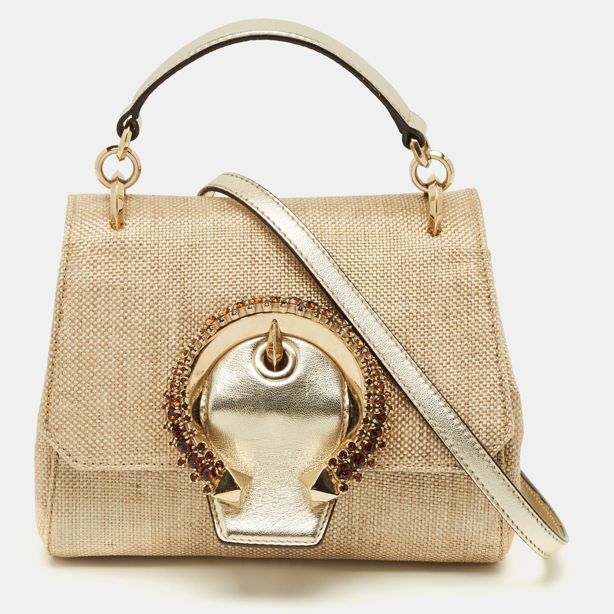Jimmy Choo Crystal Madeline Gold Woven Raffia Top Handle Bag