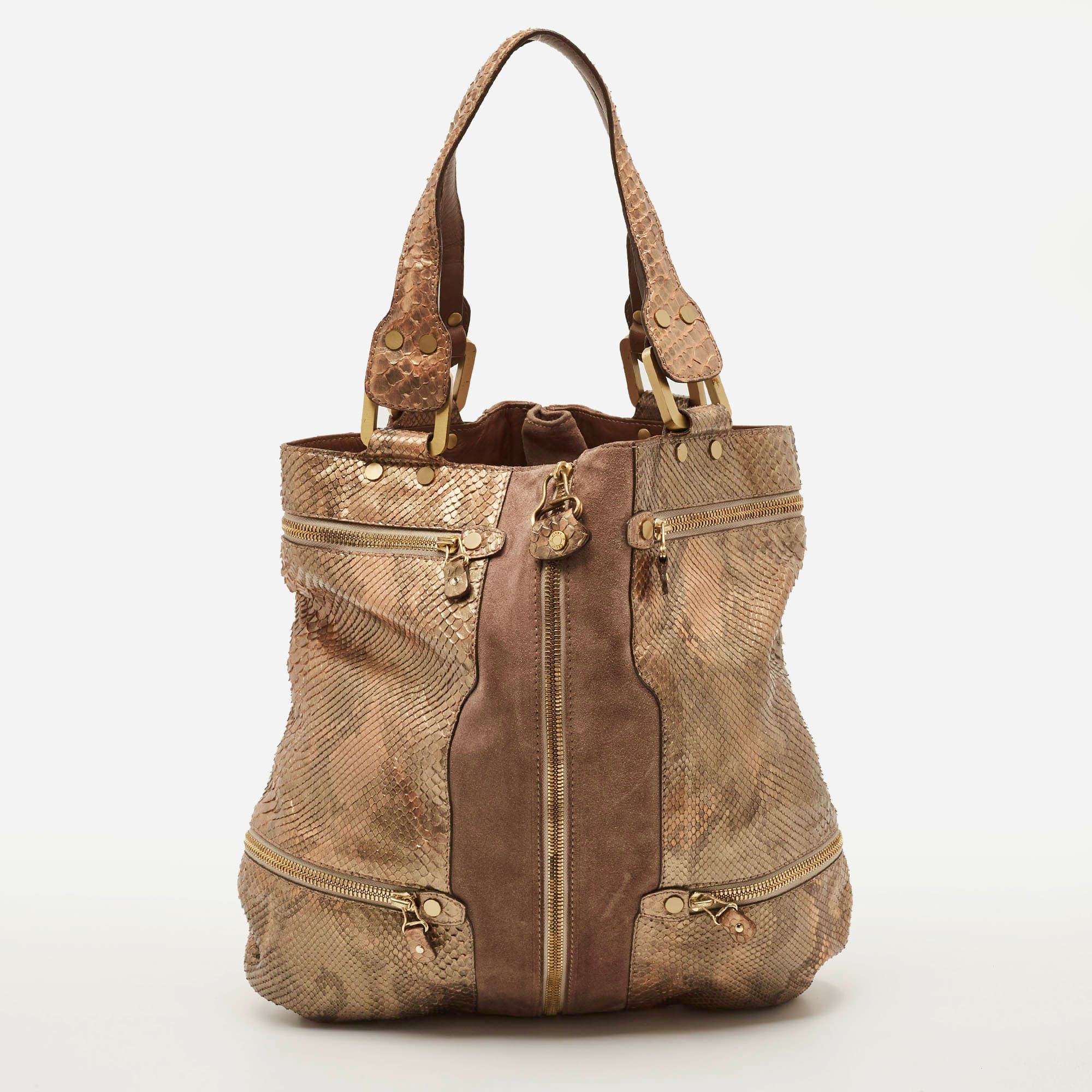 Jimmy Choo Mandah Expandable Beige/Brown Suede and Snakeskin Hobo