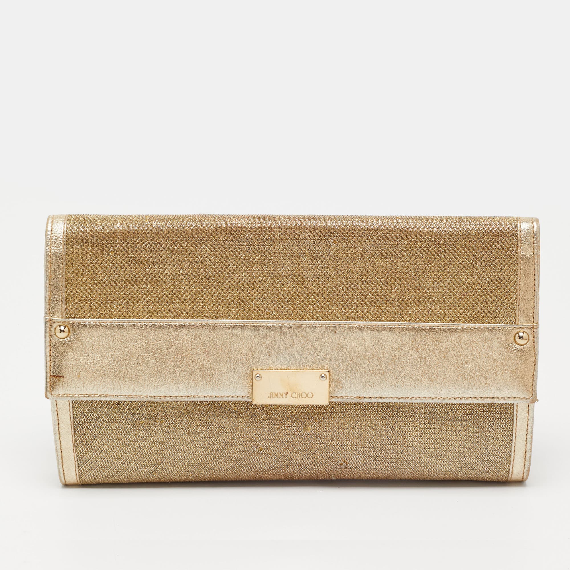 Jimmy Choo Reese Gold Glitter and Leather Clutch