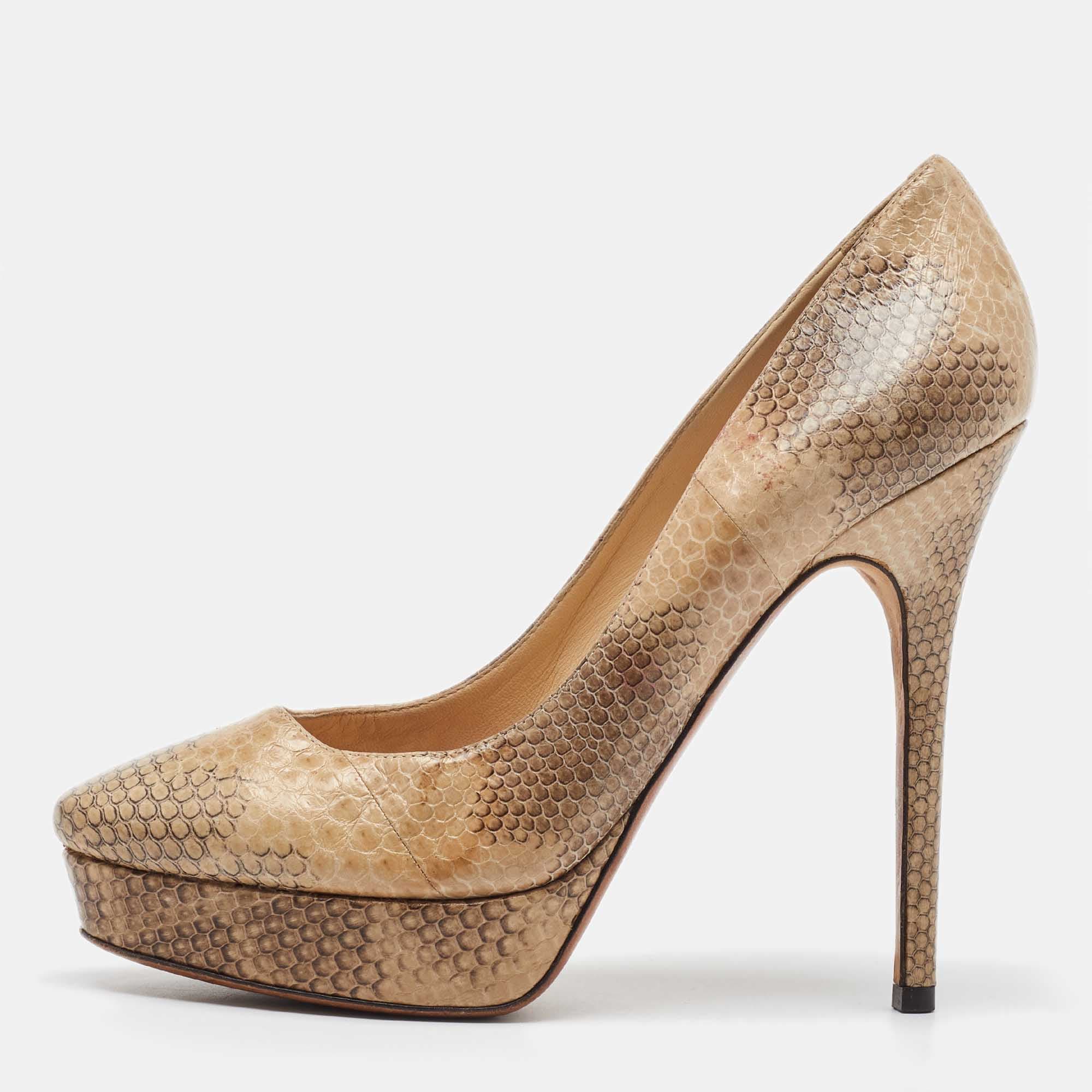 Jimmy Choo Beige/Brown Watersnake Leather Cosmic Volume Platform Pumps Size 38