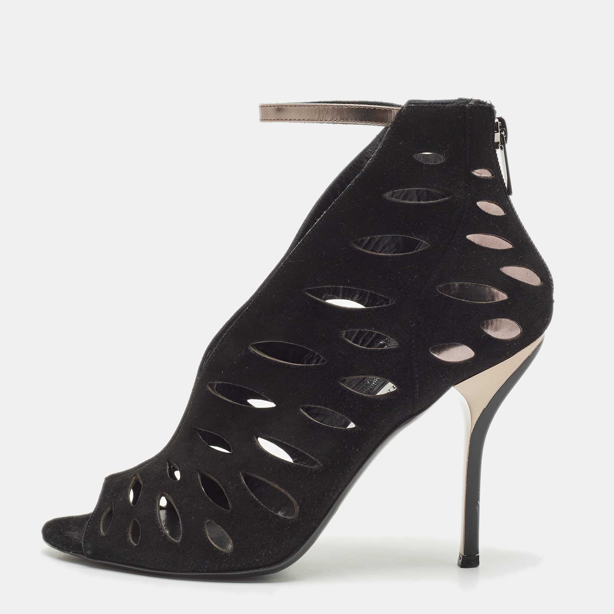 Jimmy Choo Black Leather and Suede Drift Cutout Booties Size 37