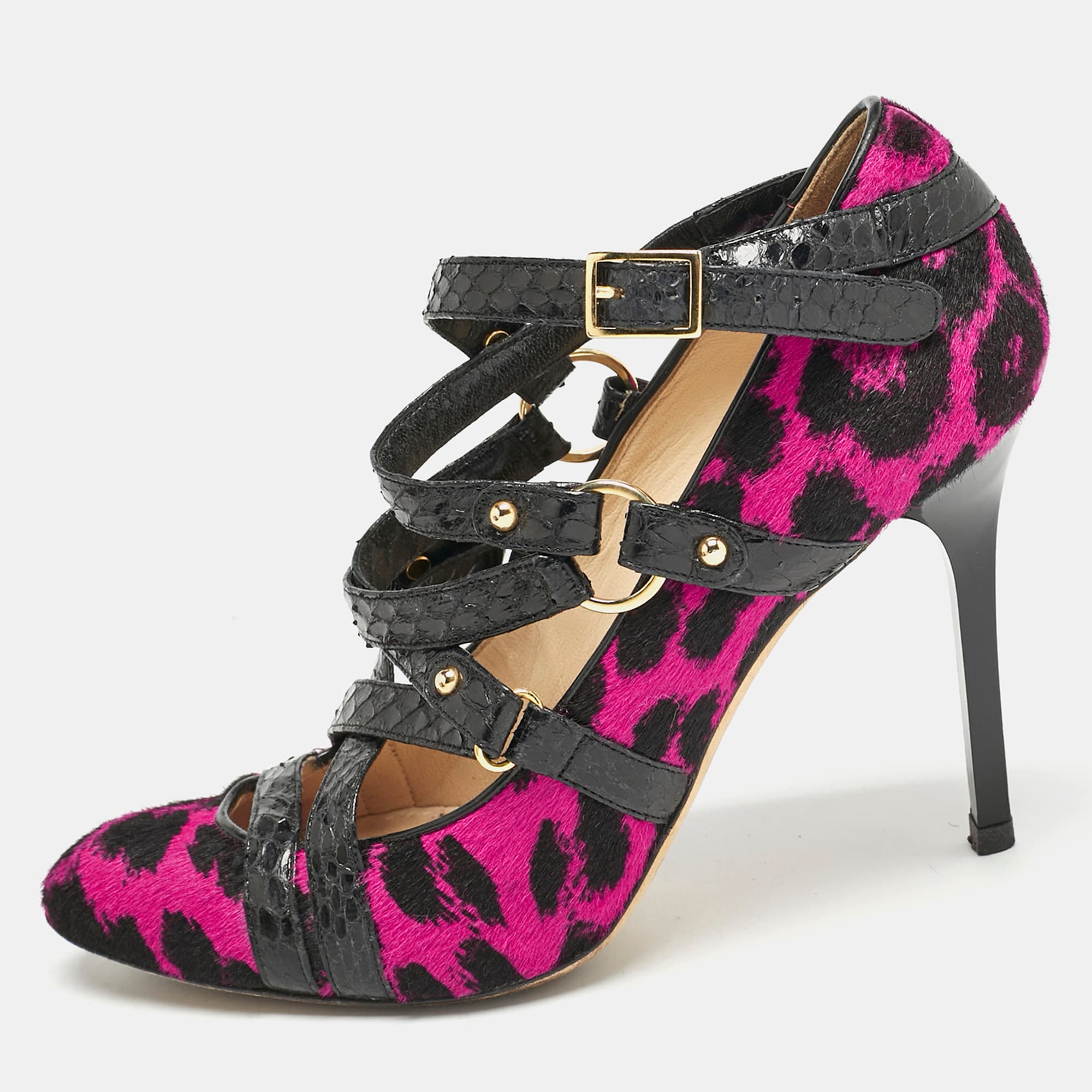 Jimmy Choo Black/Pink Animal Print Calf Hair and Snakeskin Jazz Strappy Pumps Size 37