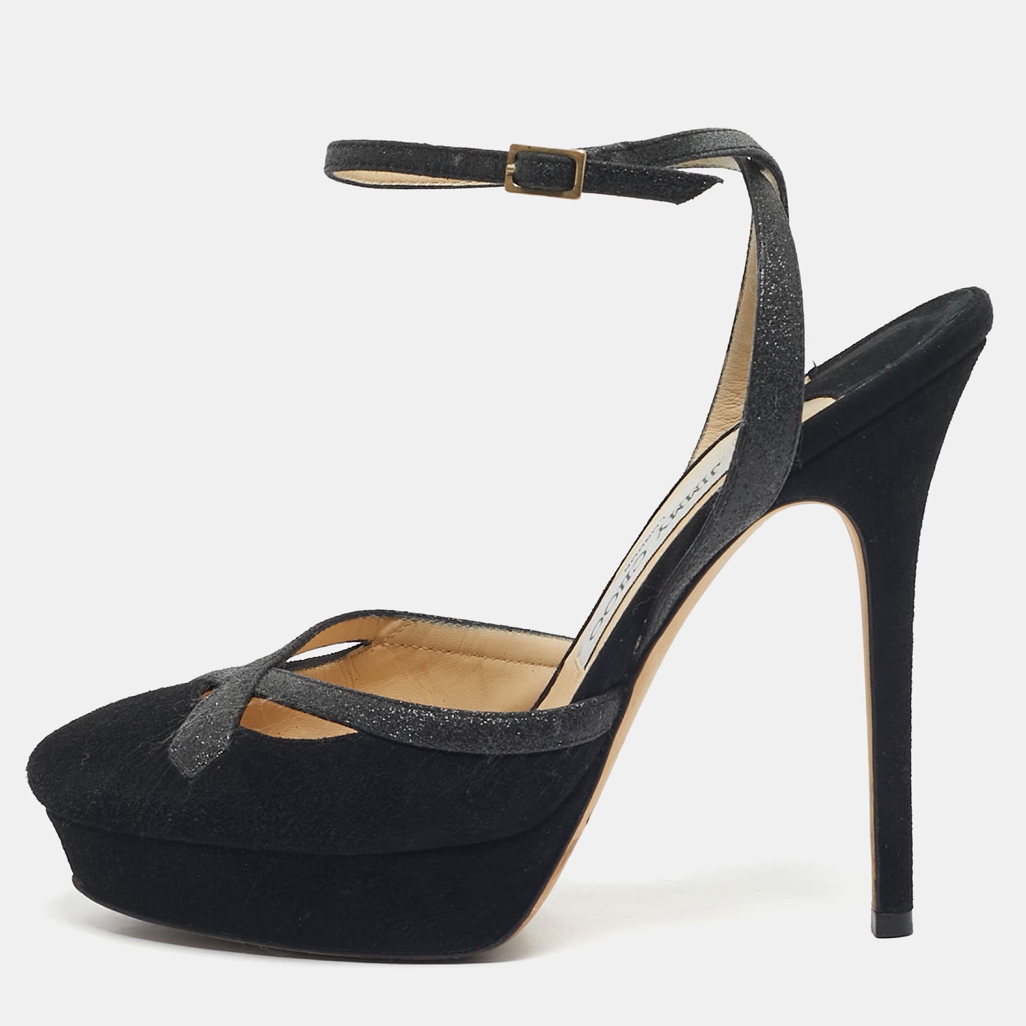 Jimmy Choo Black Glitter and Suede Platform Ankle Wrap Pumps Size 37