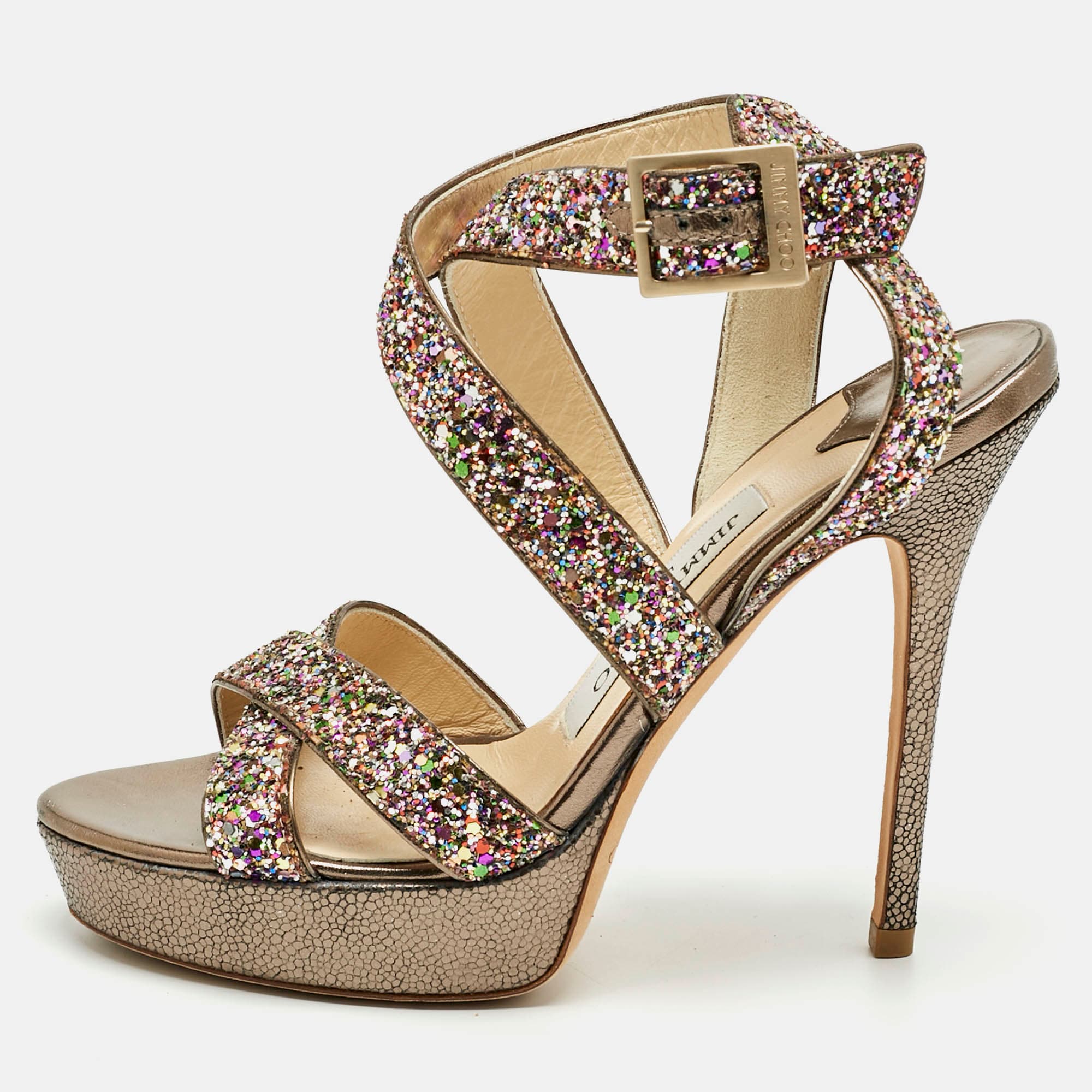 Jimmy Choo Multicolor Glitter and Leather Platform Ankle Strap Sandals Size 36