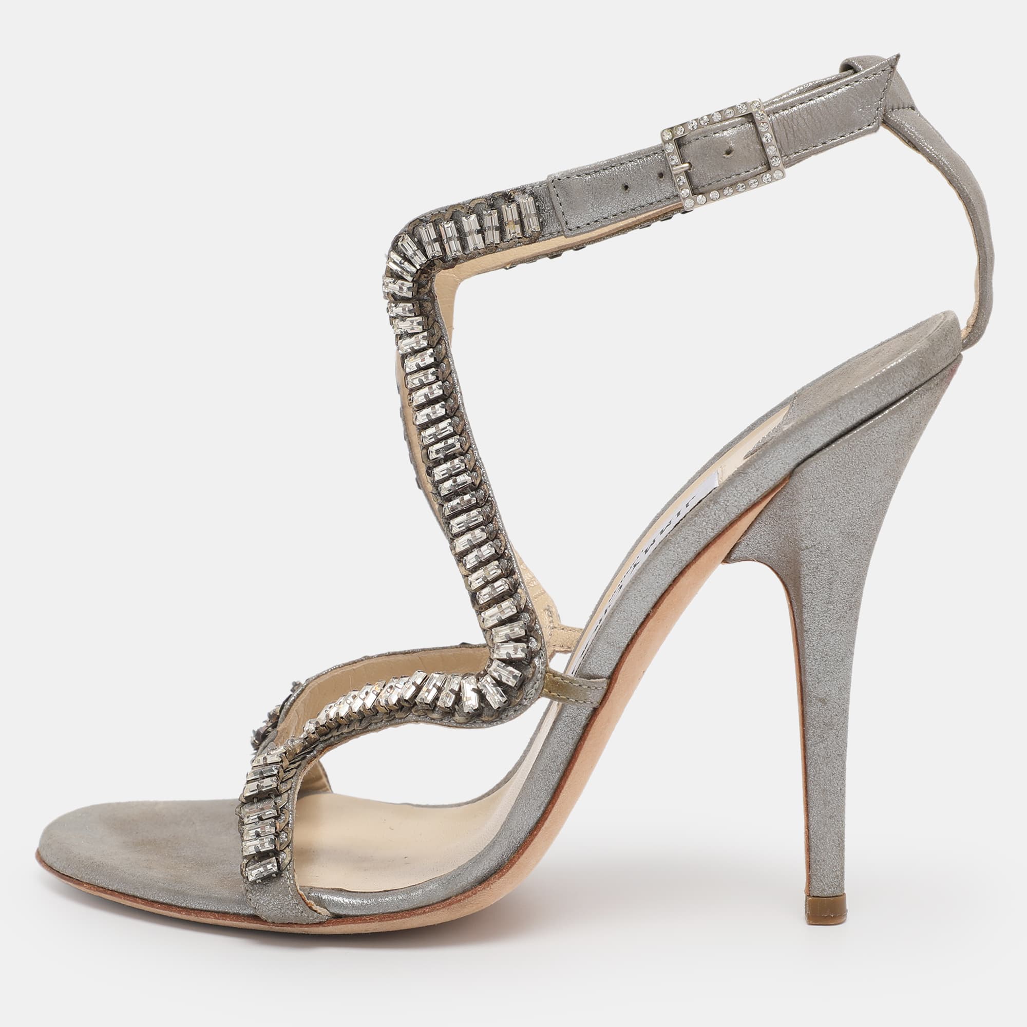 Jimmy Choo Metallic Grey Textured Suede Crystal Embellished Angel Sandals Size 38.5