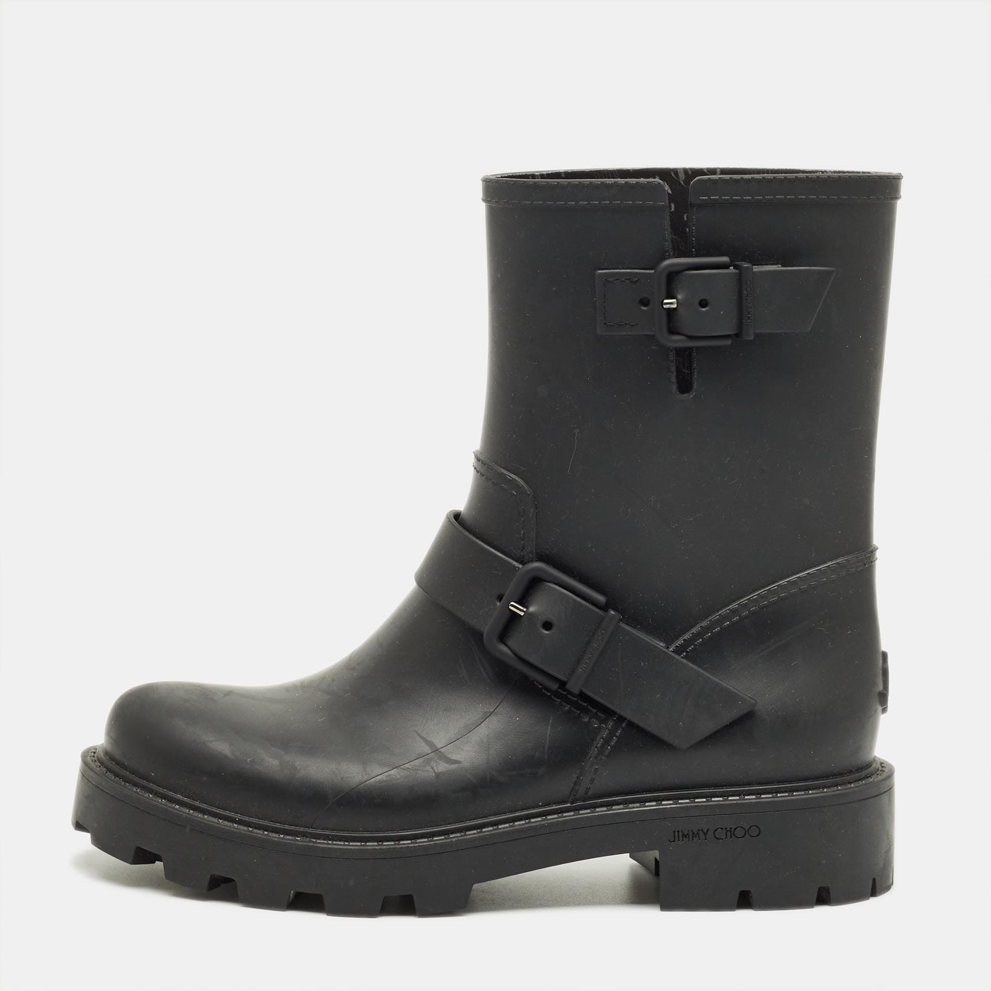 Jimmy Choo Black Rubber Yael Ankle Length Boots Size 39
