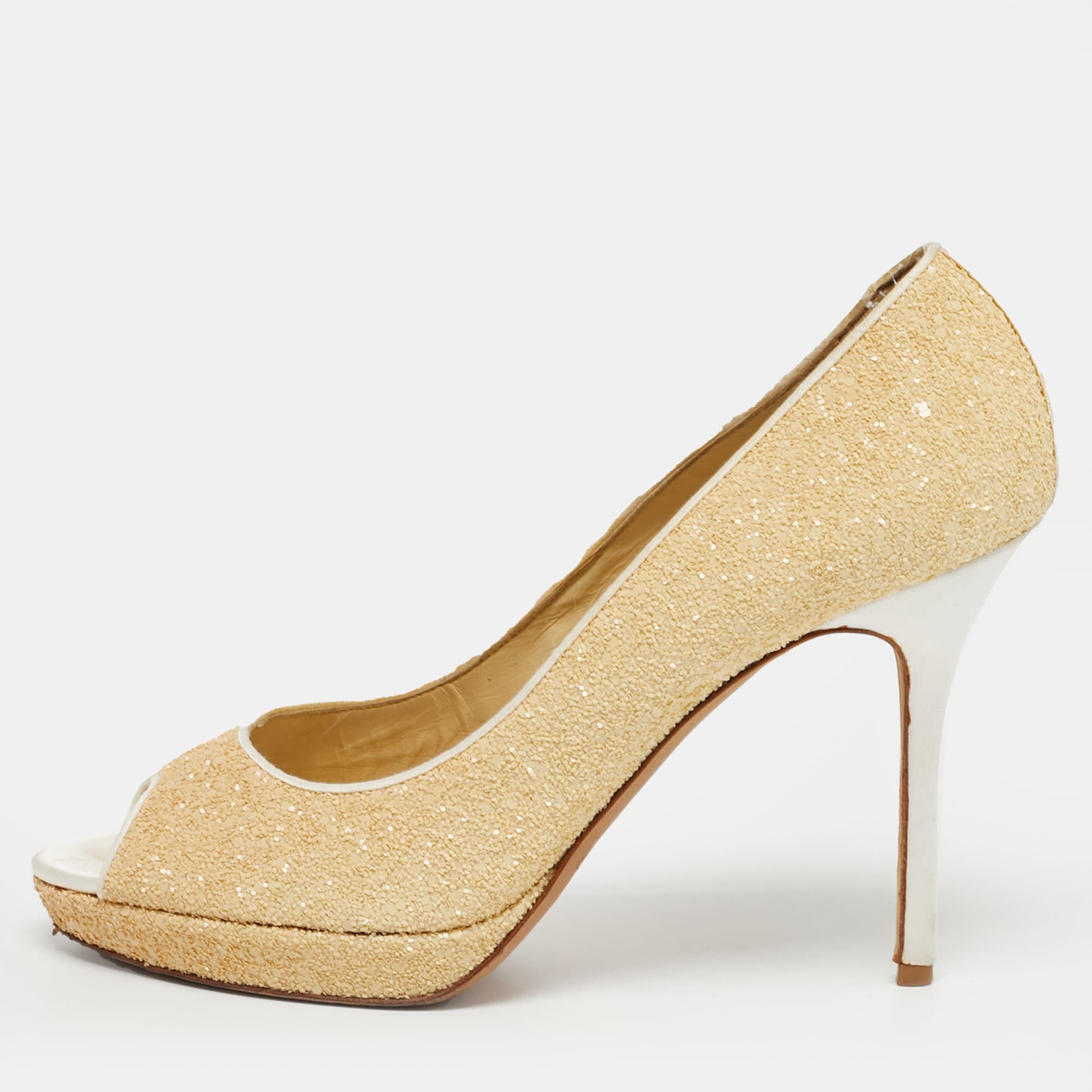 Jimmy Choo Beige Glitter Dahlia Peep Toe Pumps Size 40