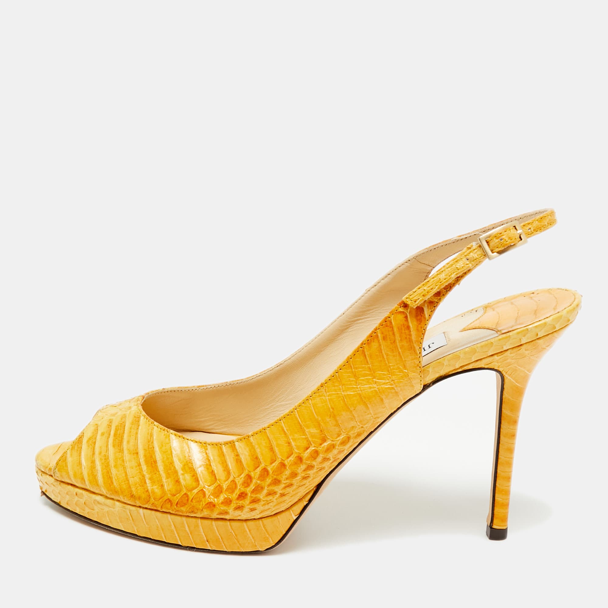 Jimmy Choo Yellow Python Leather Peep Toe Slingback Pumps Size 40