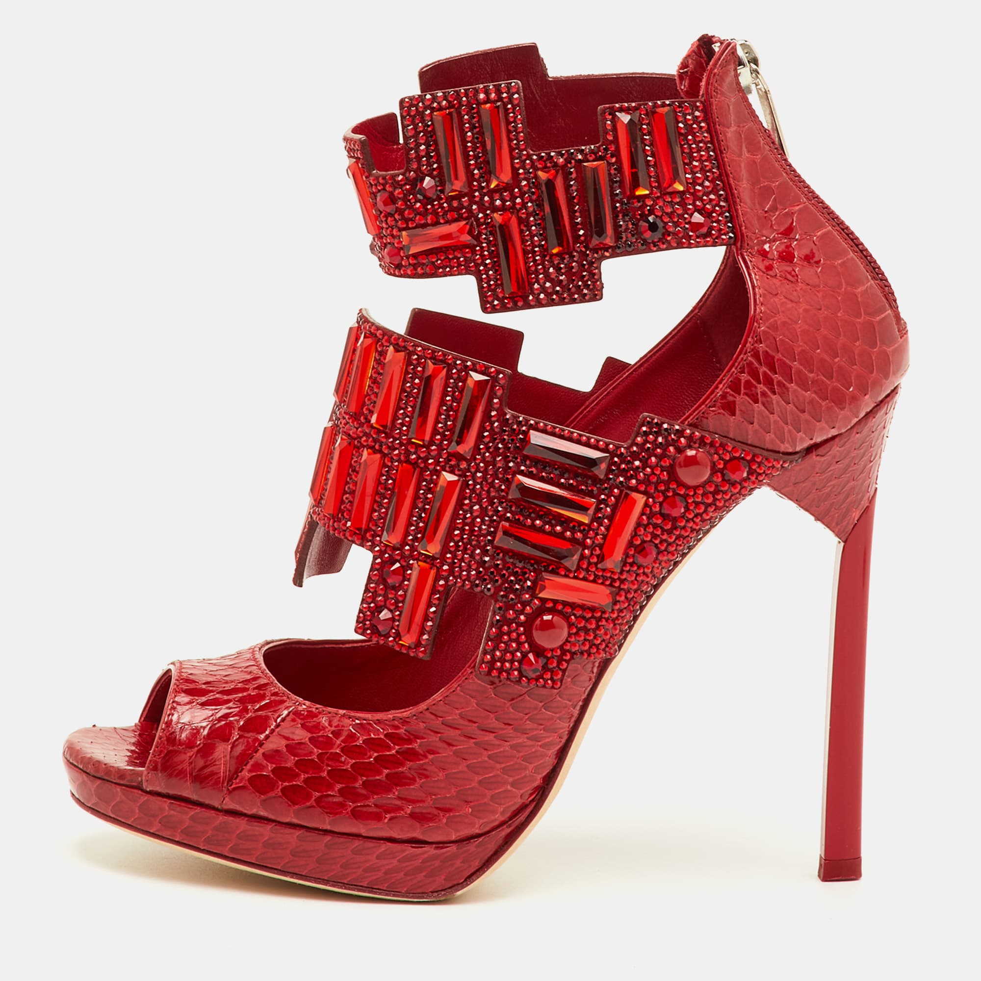 Jimmy Choo Jing Size 38.5 Red Snakeskin Leather Crystal Embellished Ankle Booties