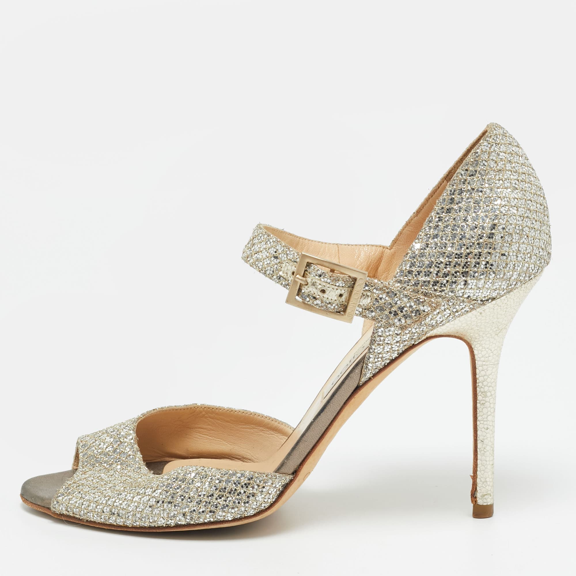 Jimmy Choo Size 40.5 Gold Glitter and Leather Peep Toe Ankle Strap Pumps