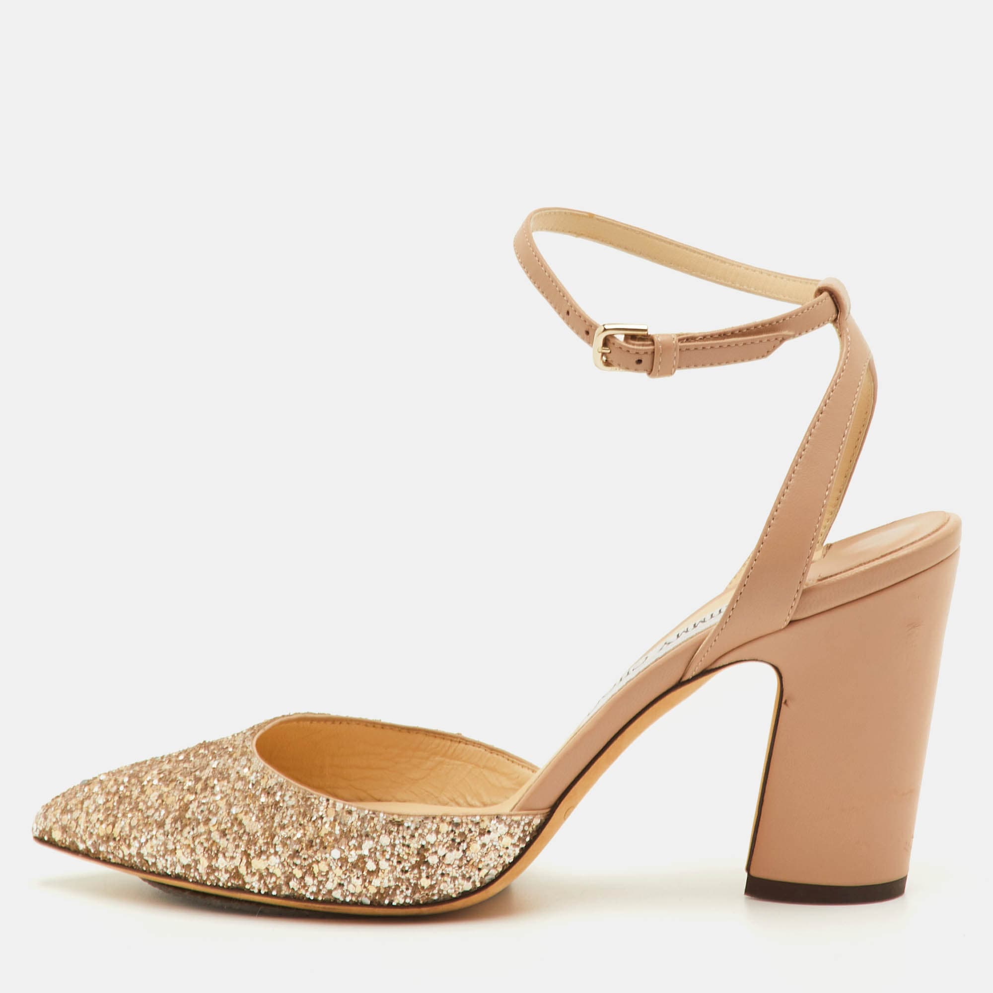 Jimmy Choo Micky Size 39.5 Beige Glitter and Leather Ankle Wrap Pumps