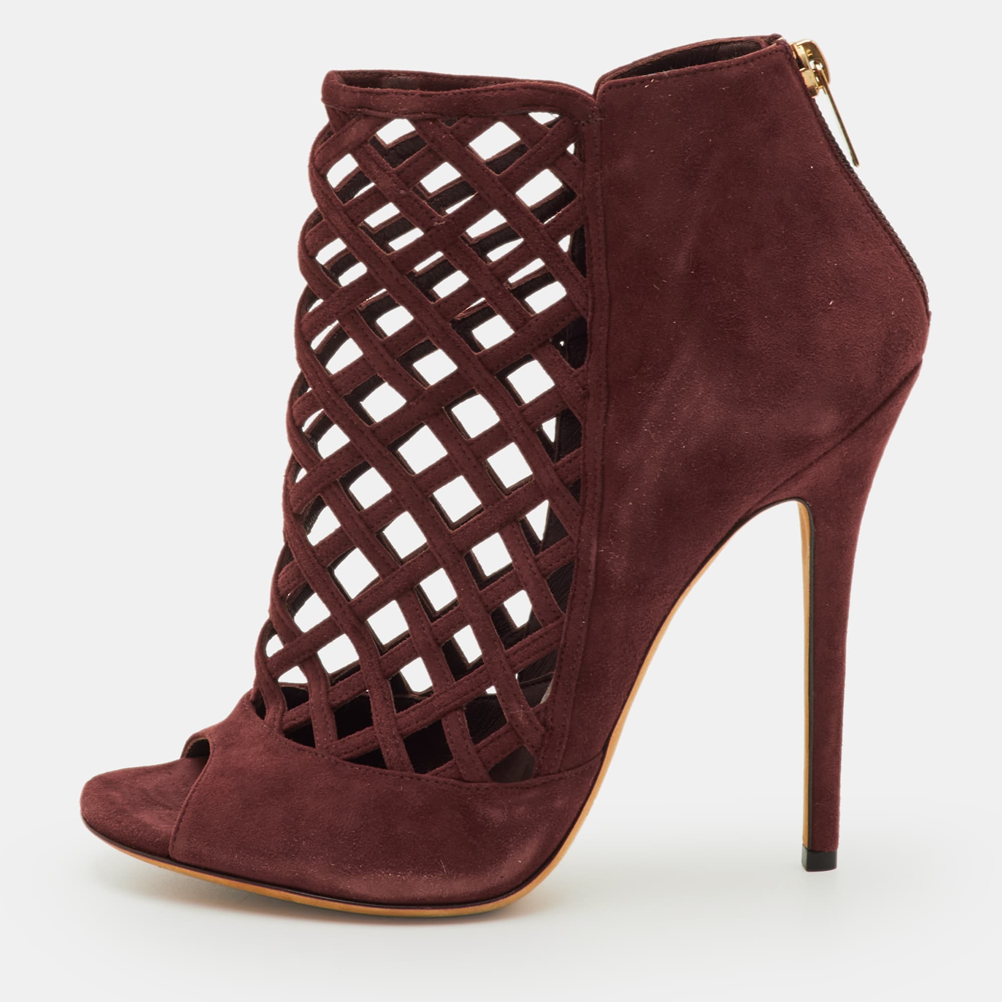 Jimmy Choo Drift Size 39 Burgundy Suede Cutout Peep Toe Ankle Booties