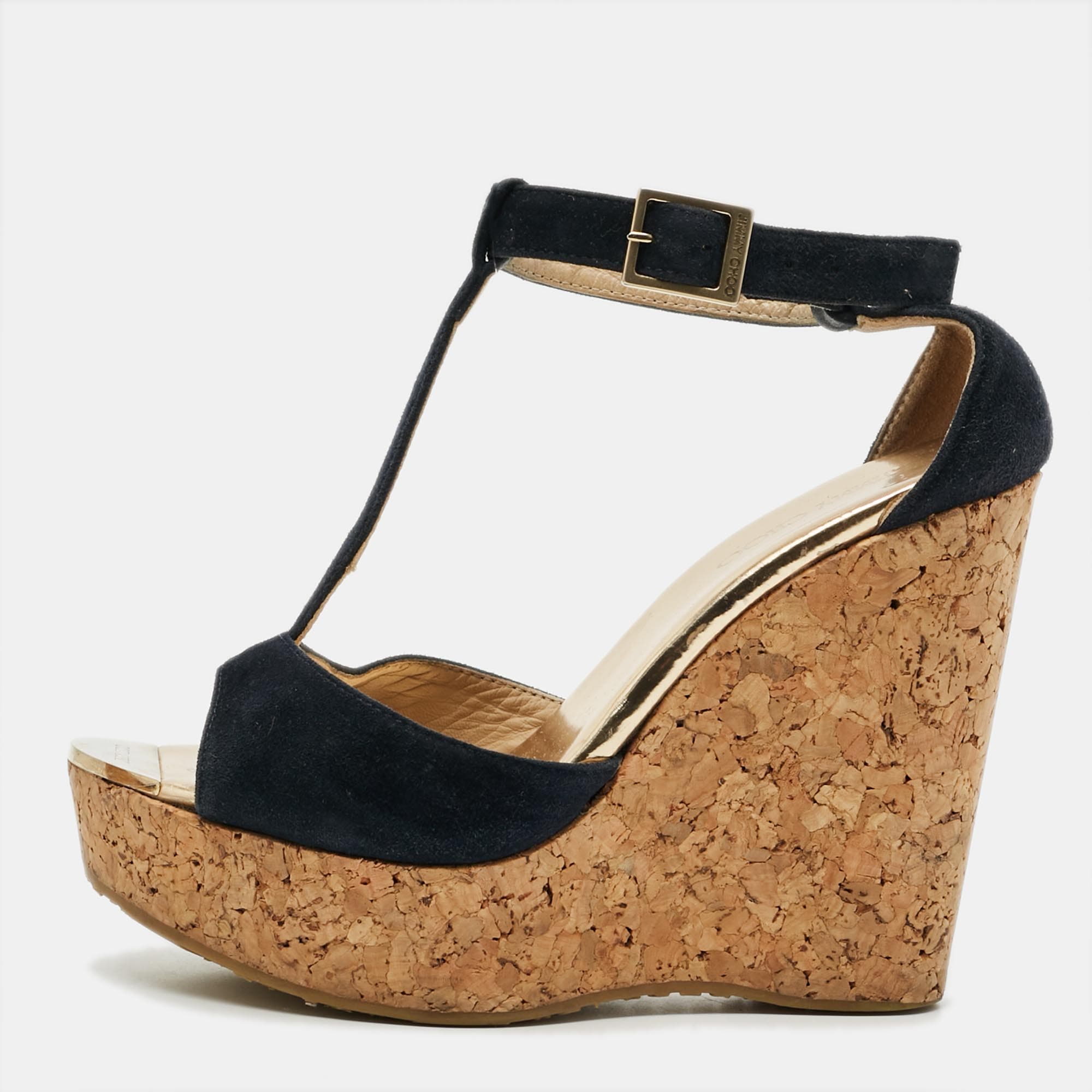 Jimmy Choo Pela Size 37.5 Navy Blue Suede Wedge Sandals