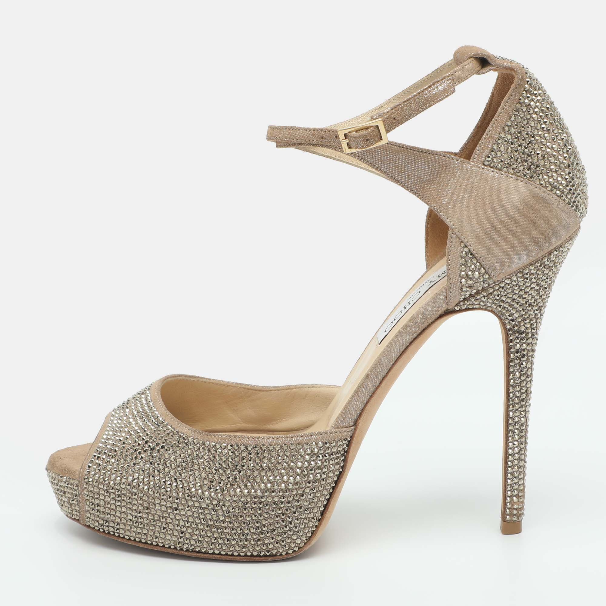 Jimmy Choo Size 39.5 Beige Rhinestone Embellished Suede Ankle Strap Sandals