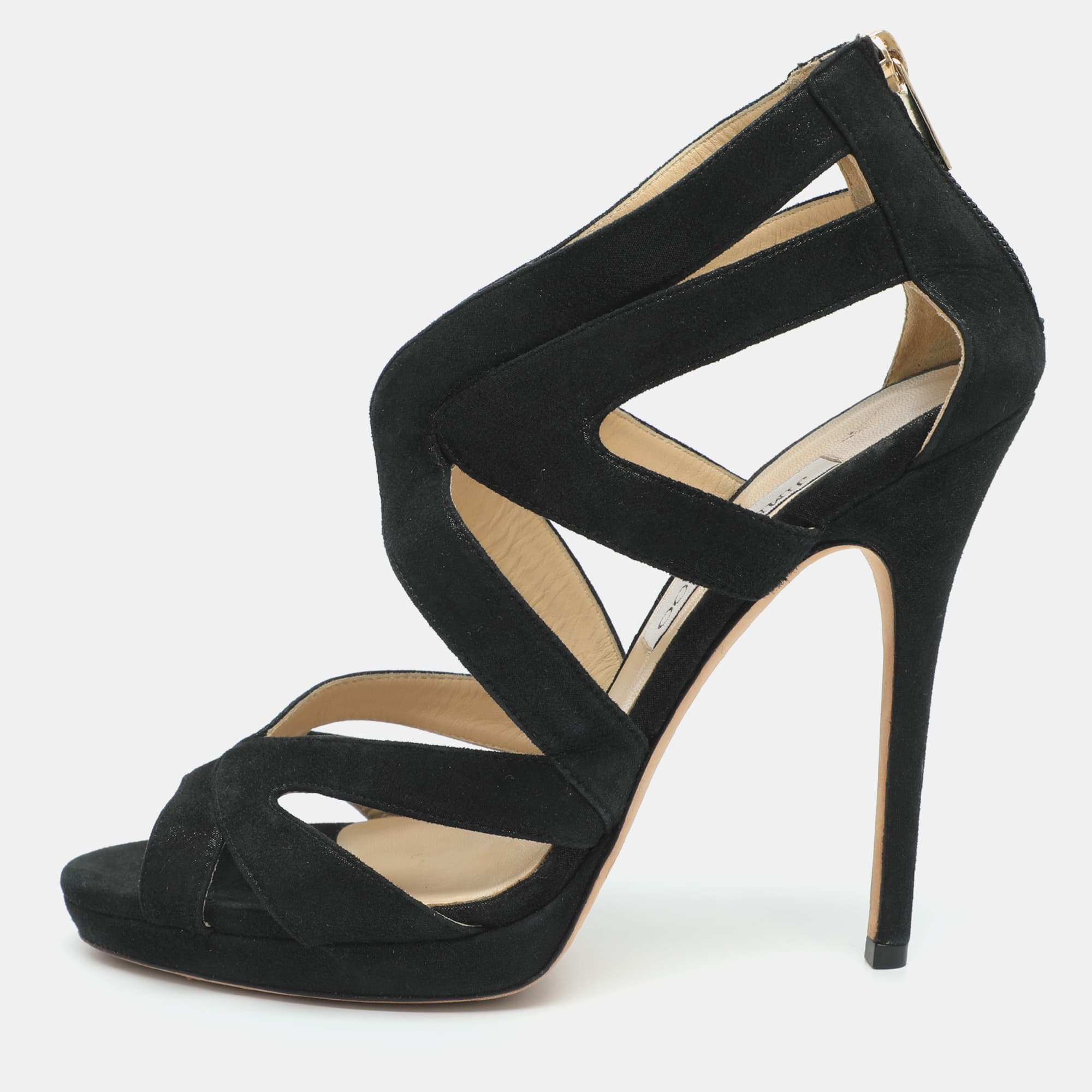 Jimmy Choo Collar Size 39 Metallic Black Glitter Suede Cutout Peep Toe Sandals