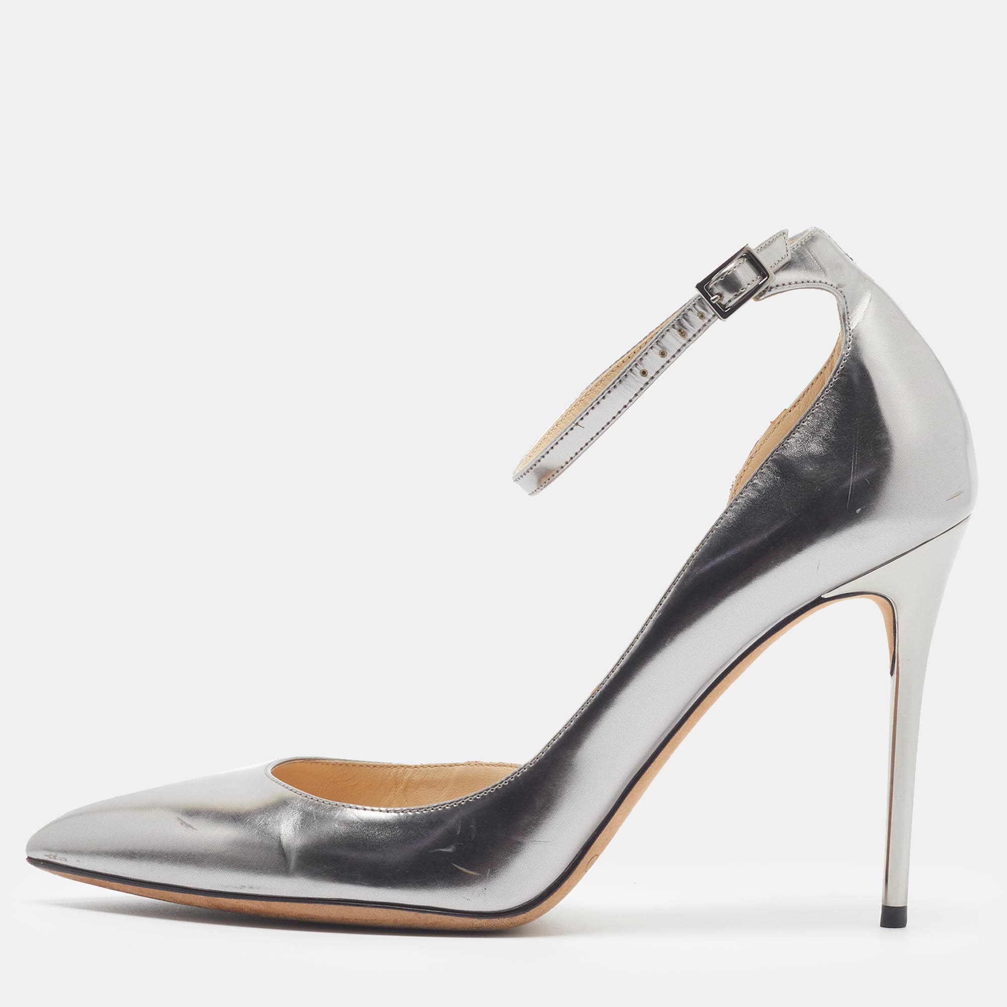 Jimmy Choo Lucy Size 37 Silver Leather Ankle Strap Pointed Toe D'orsay Pumps