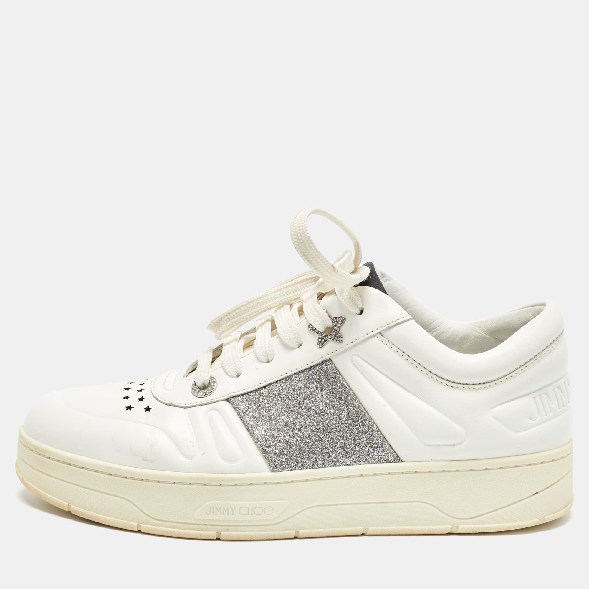 Jimmy Choo Hawaii/F Size 38.5 White/Silver Glitter and Leather Low Top Sneakers